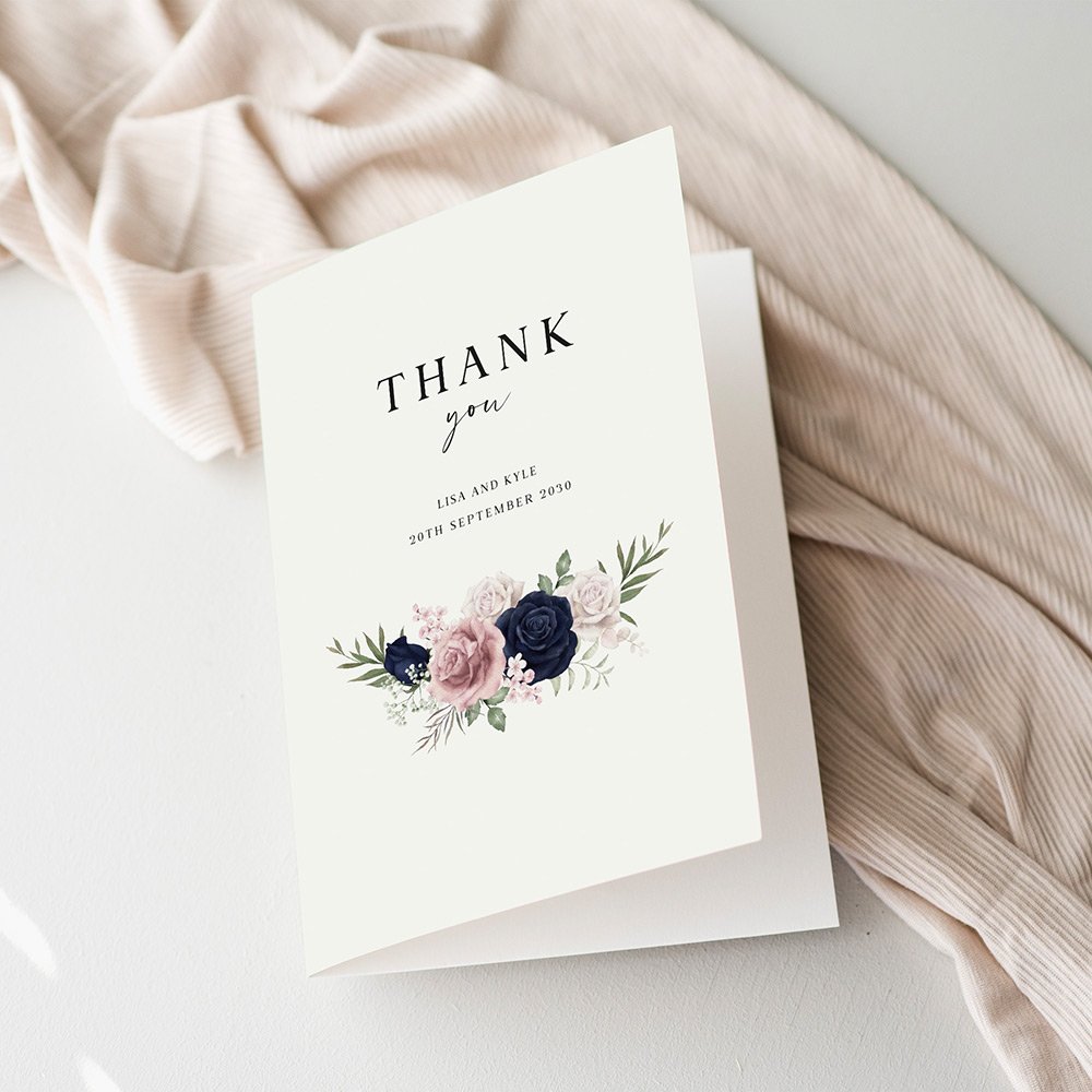 Navy Blue and Blush Pink Floral Thank You Cards For Wedding