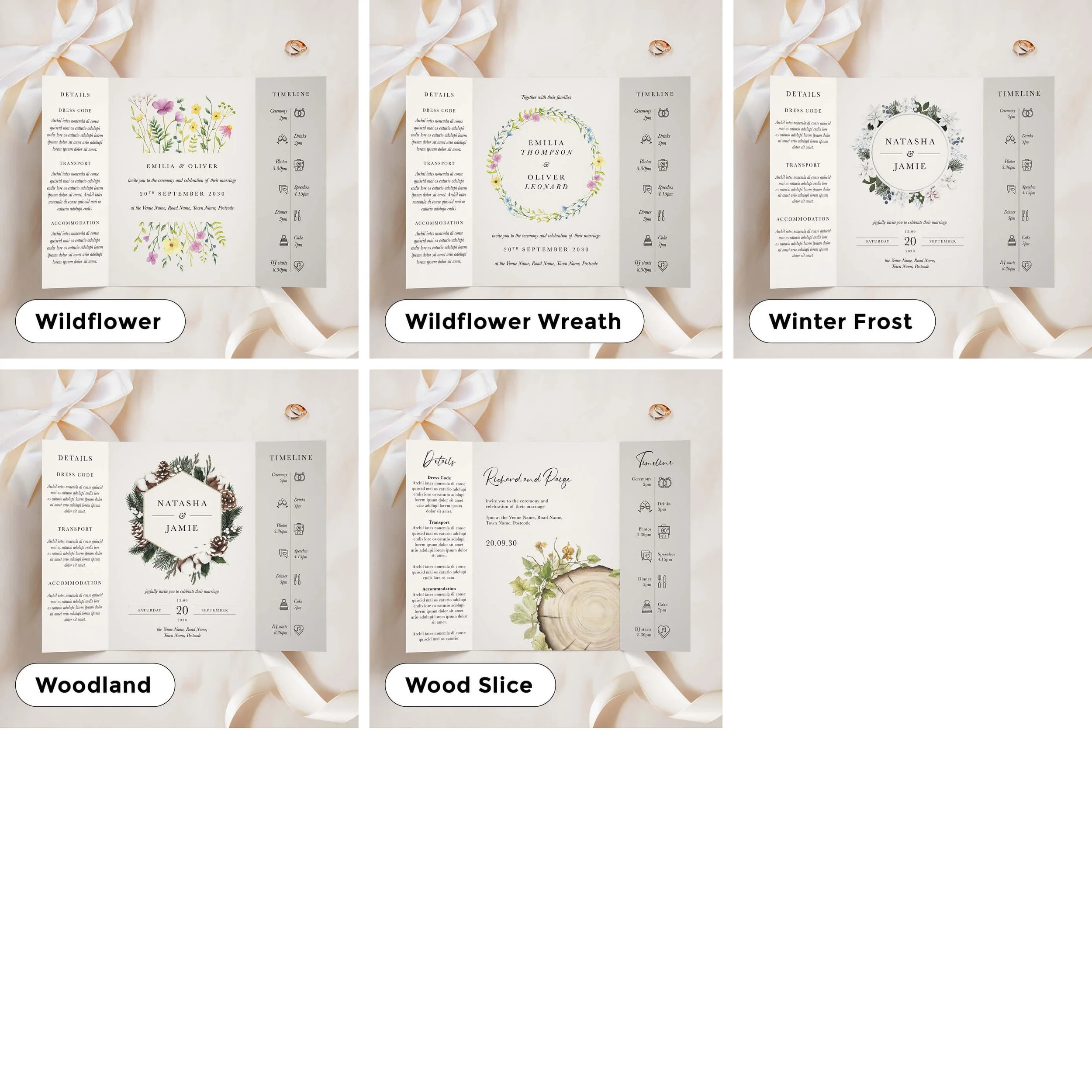A5 size gatefold invitations in a variety of designs