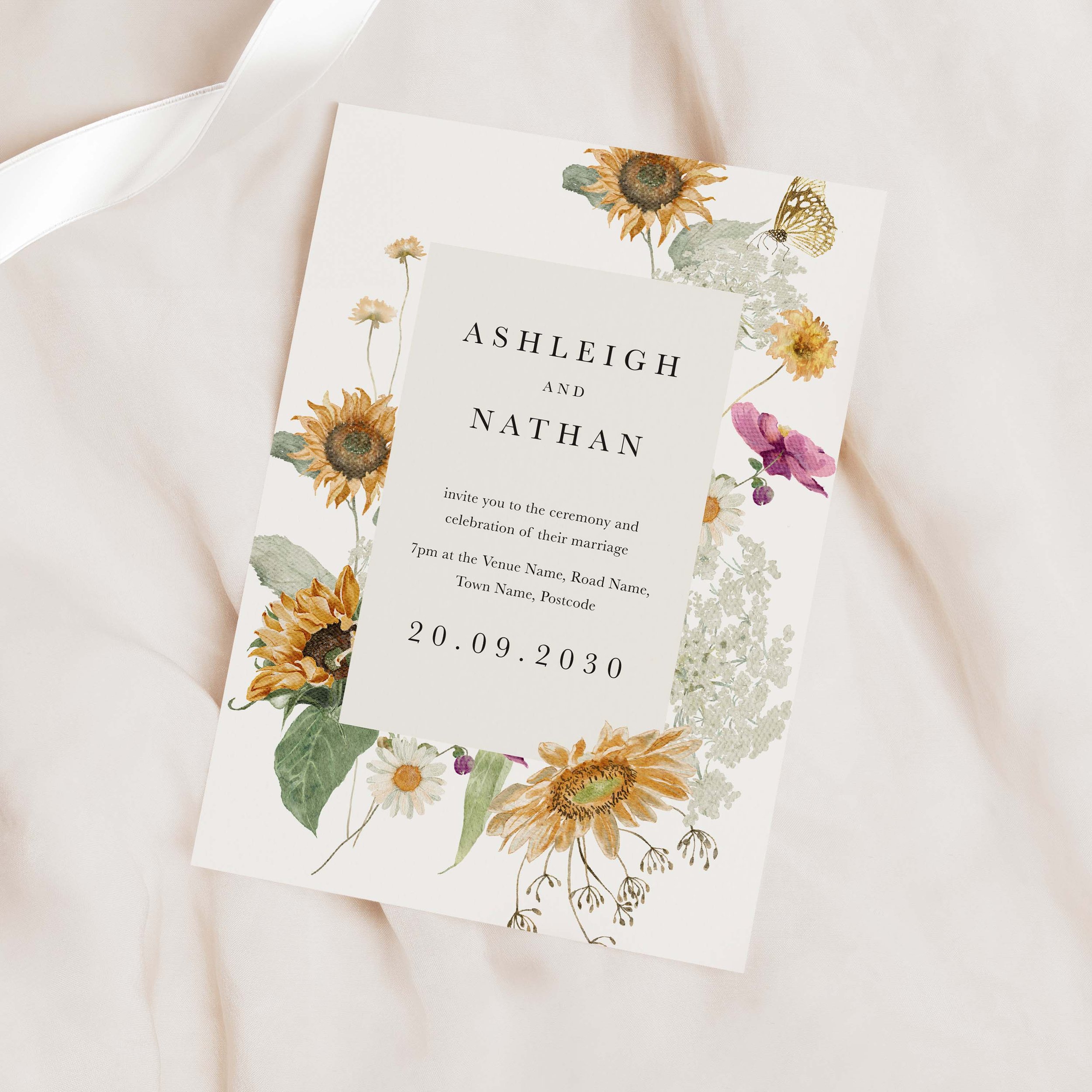 Sunflower and Butterfly Wedding Invitation Samples