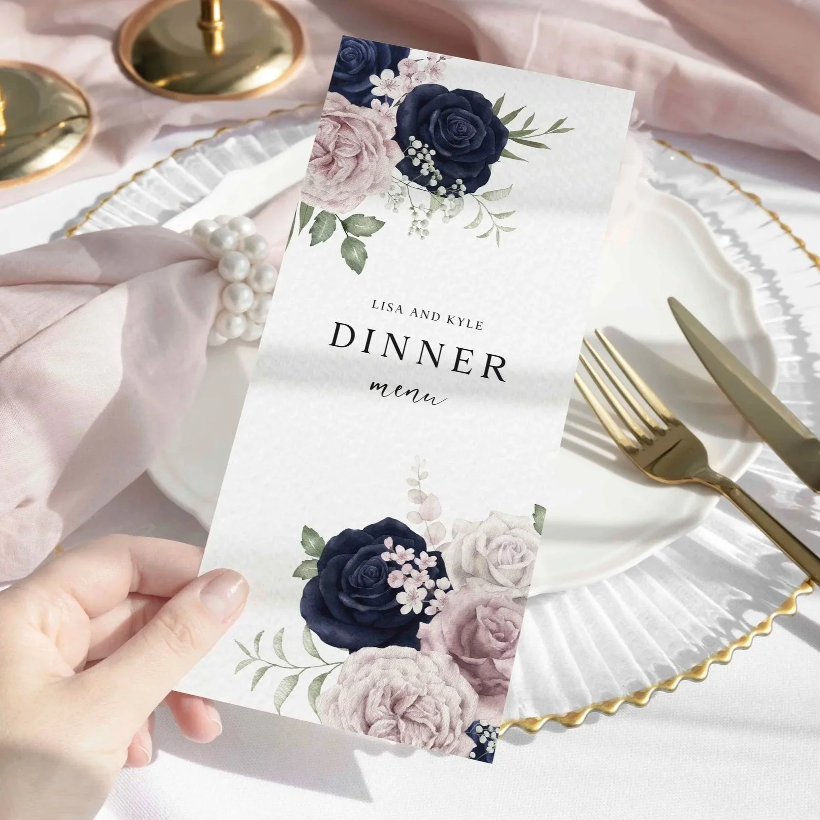 Navy & Blush Floral Wedding Menu