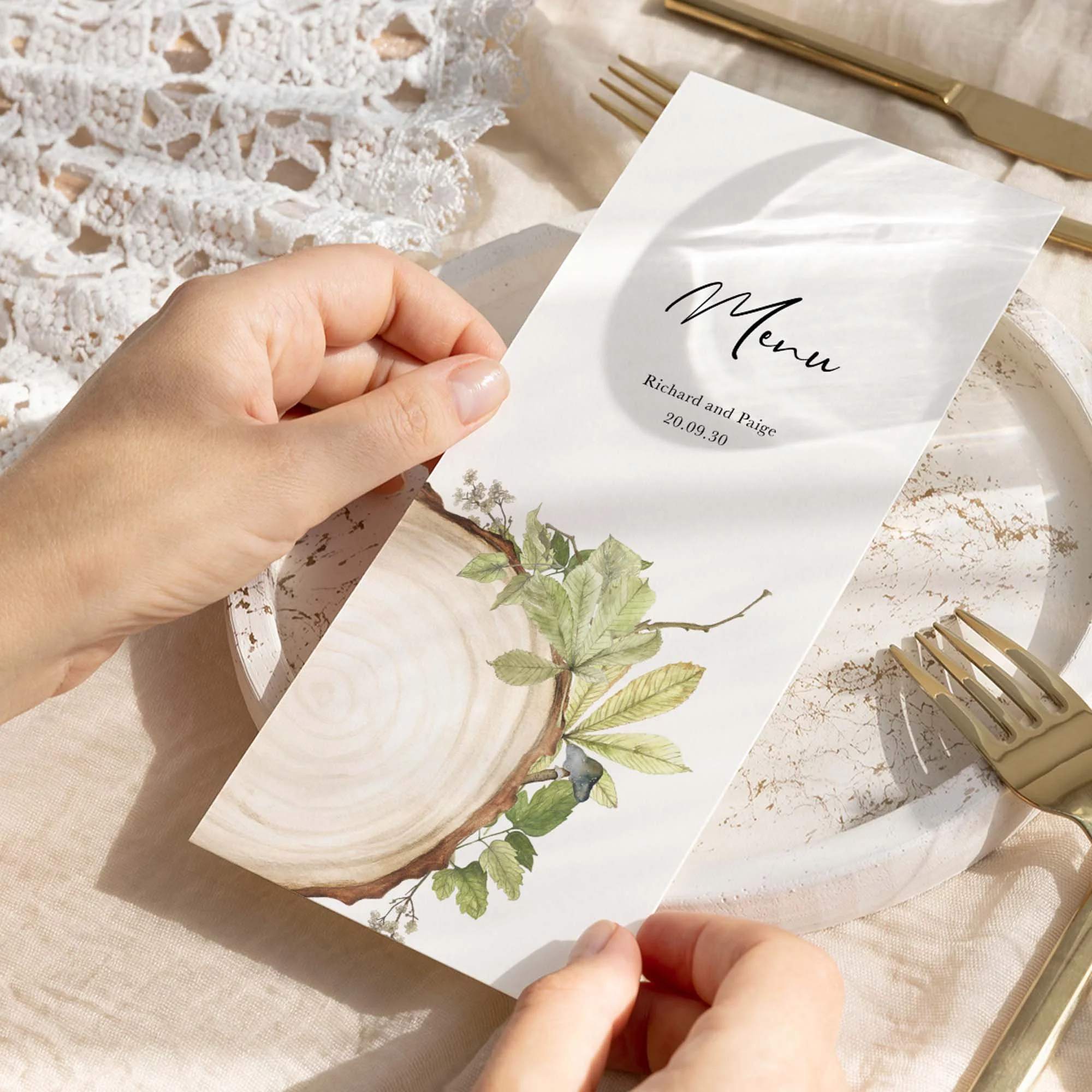 Hand holding Wood Slice wedding menu card showing size and printed design details