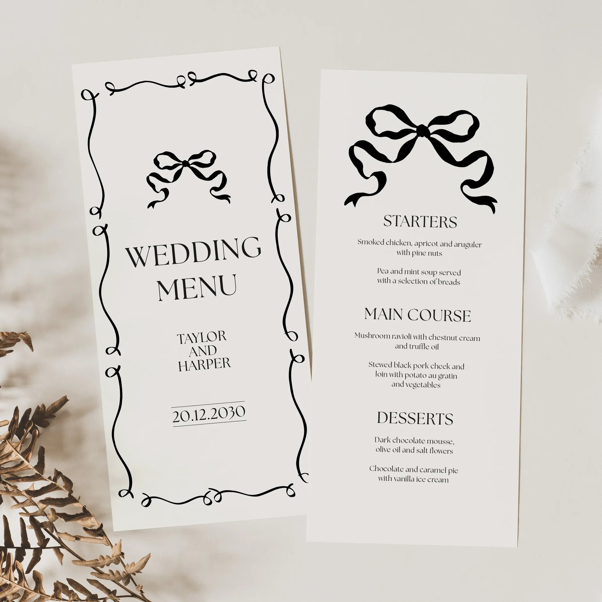 Black Tie Wedding Menu front and back with monochrome design and bow detail.