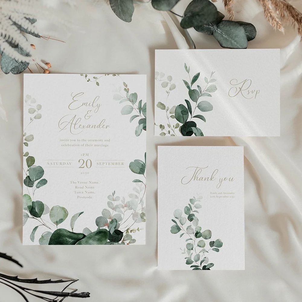 Emerald Forest wedding invitation with lush green foliage design