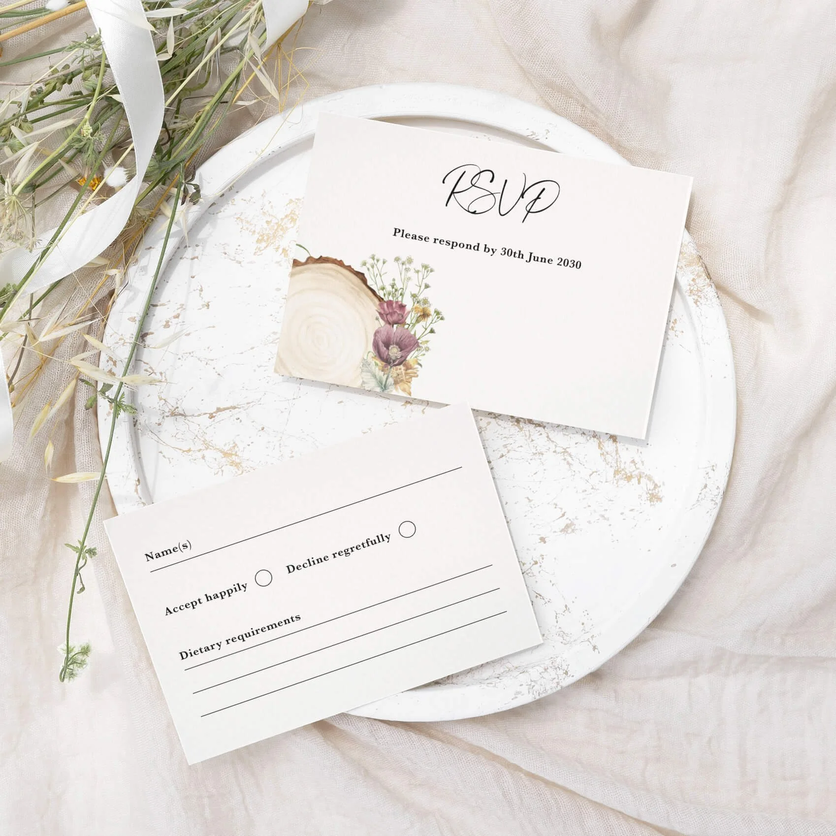 Wood Slice wedding RSVP card with watercolour log cross-section and anemone wildflower illustration on luxury off-white card