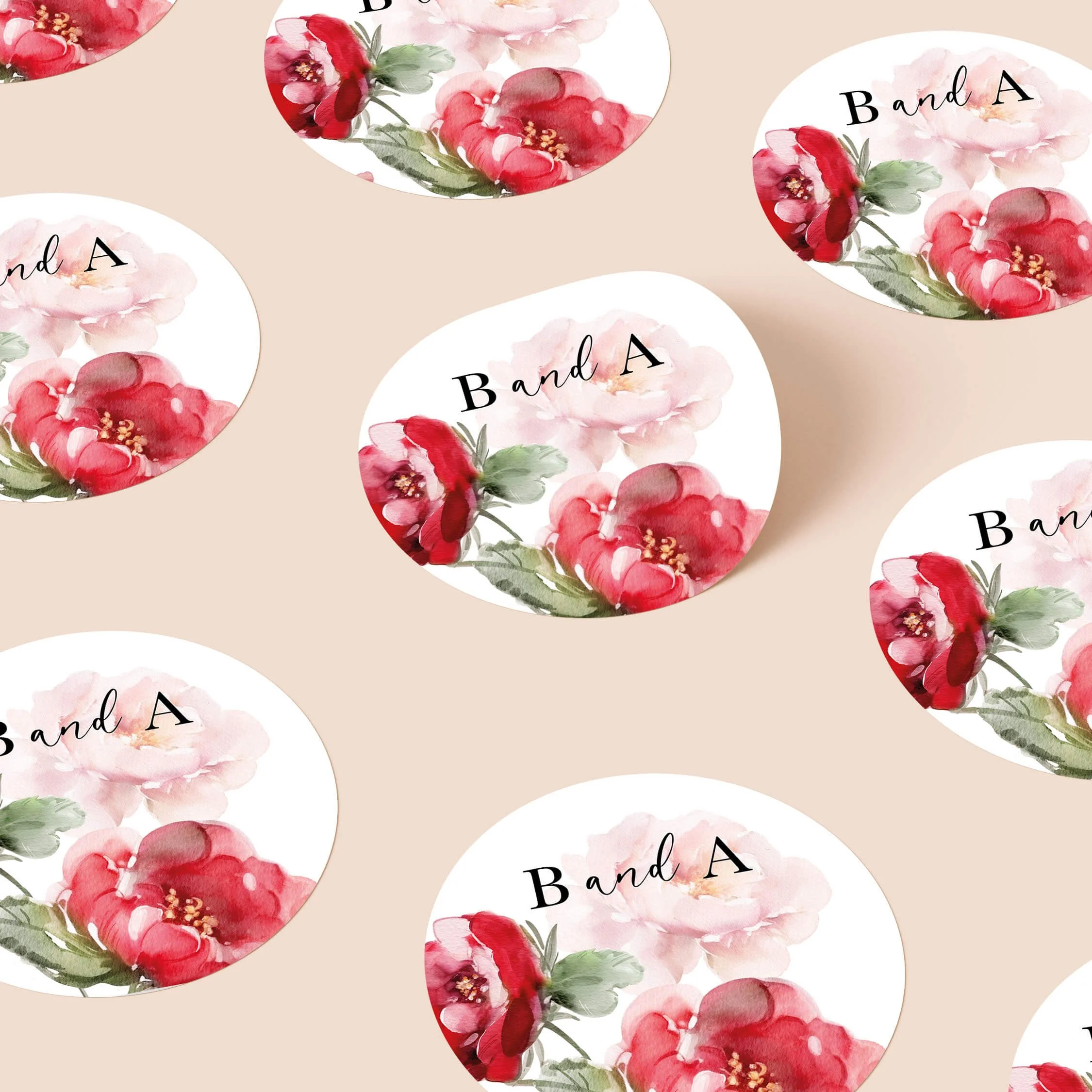 Red Floral personalised wedding stickers with bold red floral botanical design and initials on round stickers