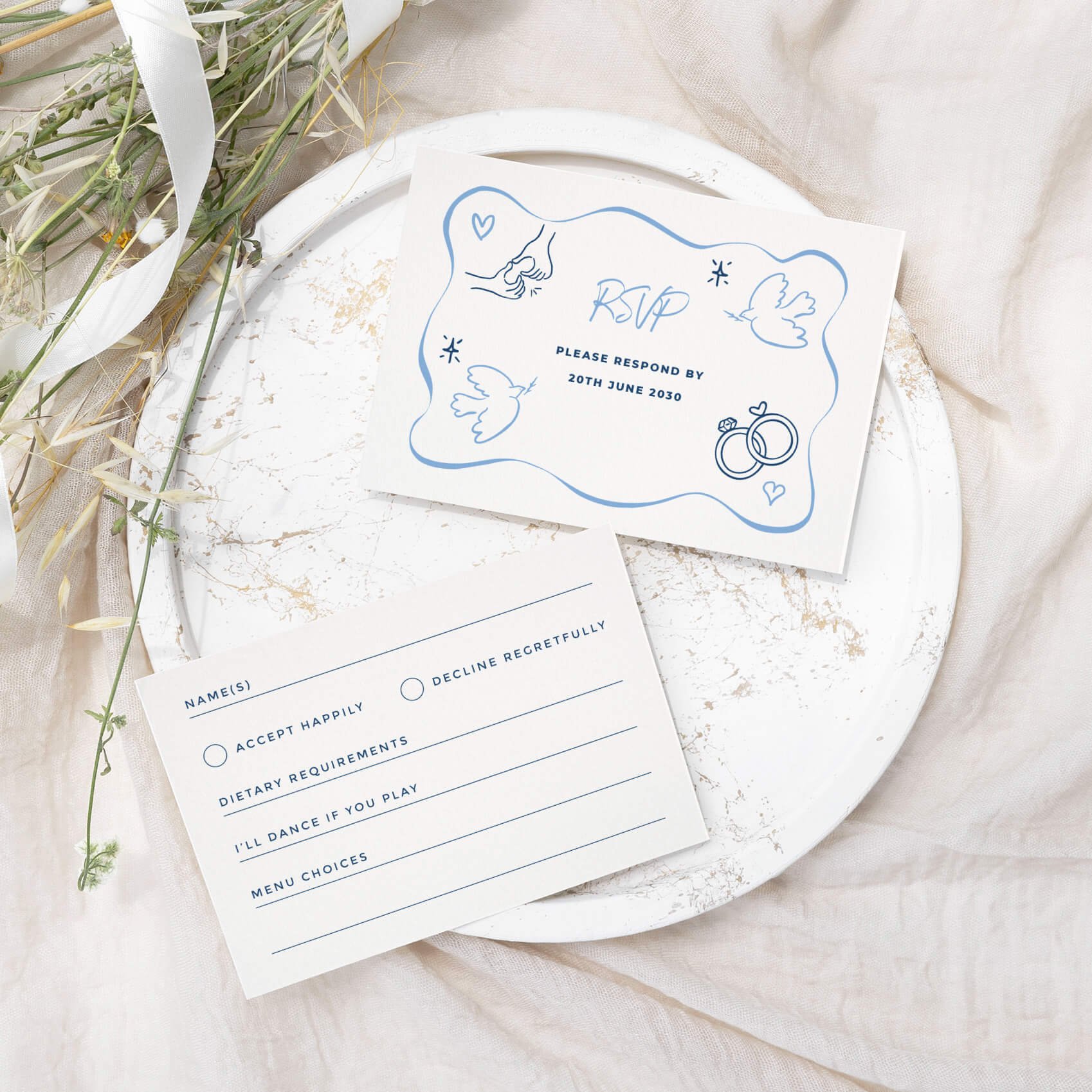 Whimsical Blue wedding RSVP card with something blue hand-drawn line-art illustration on luxury off-white card
