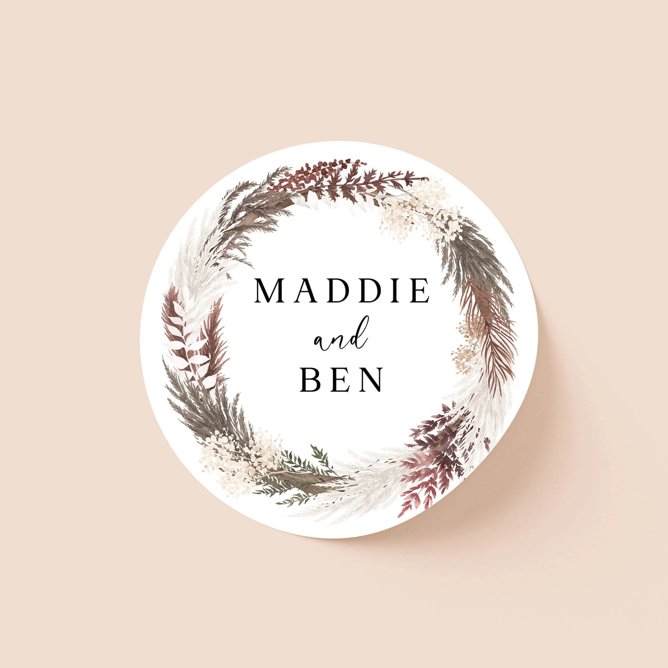 Blush boho wedding sticker with dried grass wreath and initials on round personalised seal