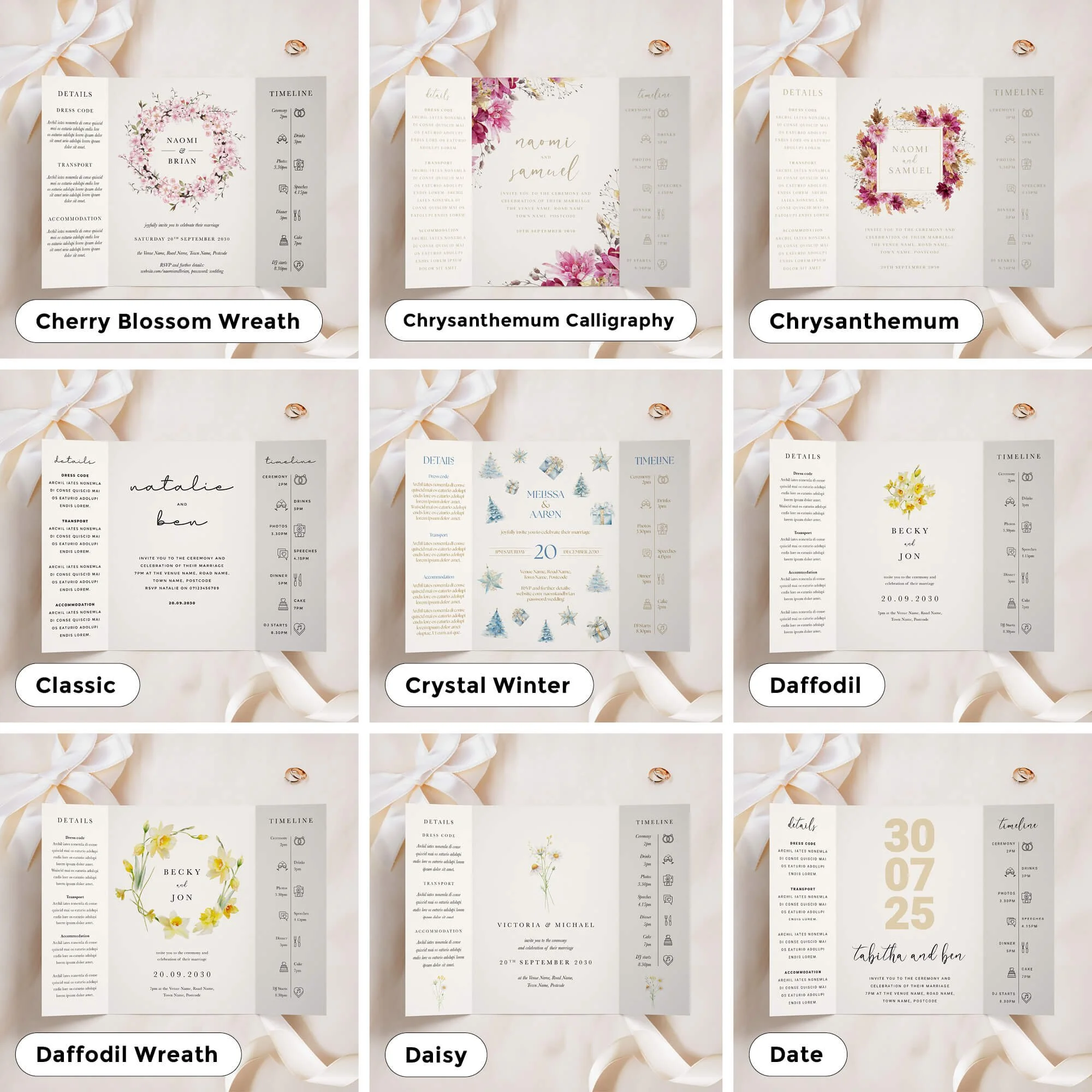 A5 size gatefold invitations in a variety of designs