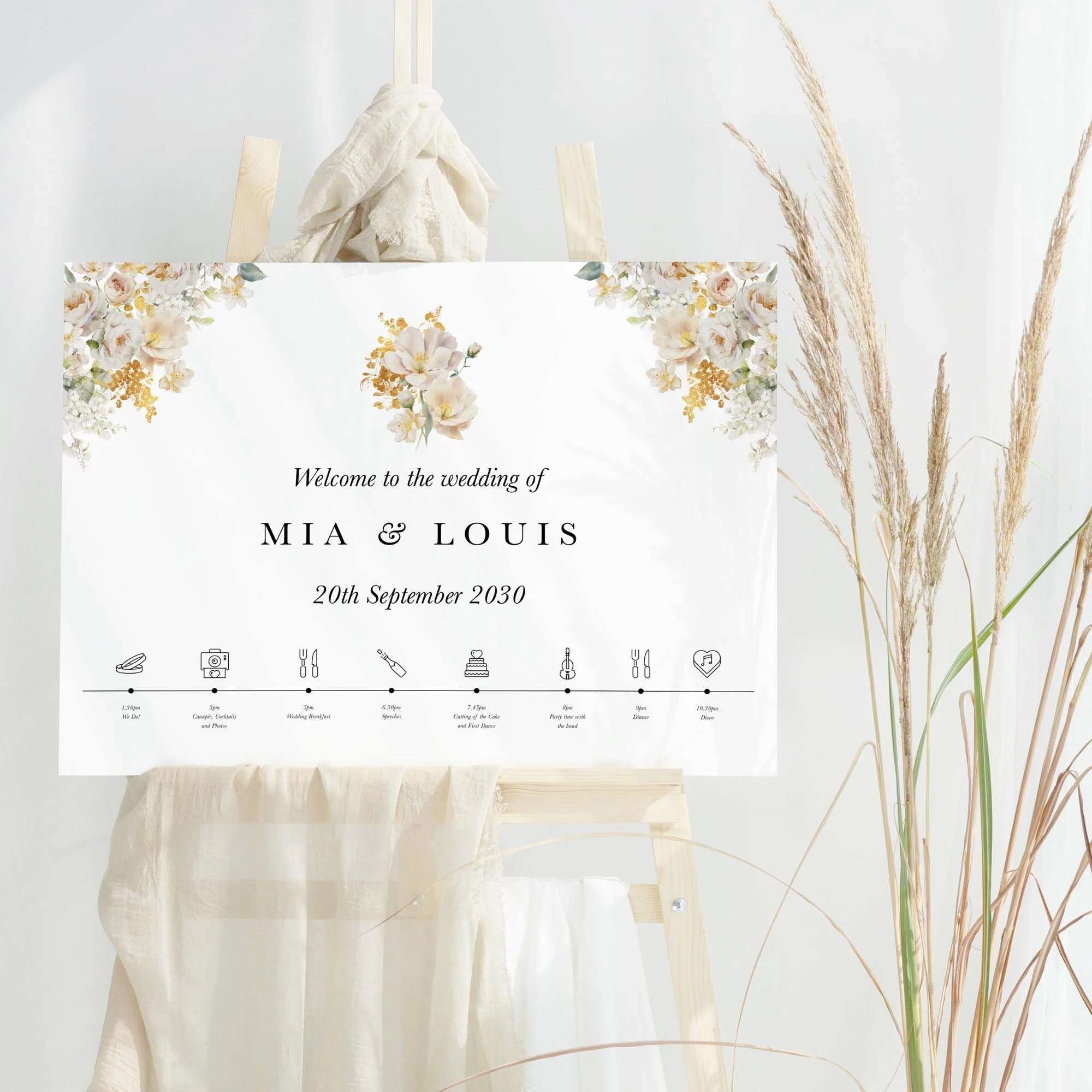 White and Gold Floral wedding welcome sign design