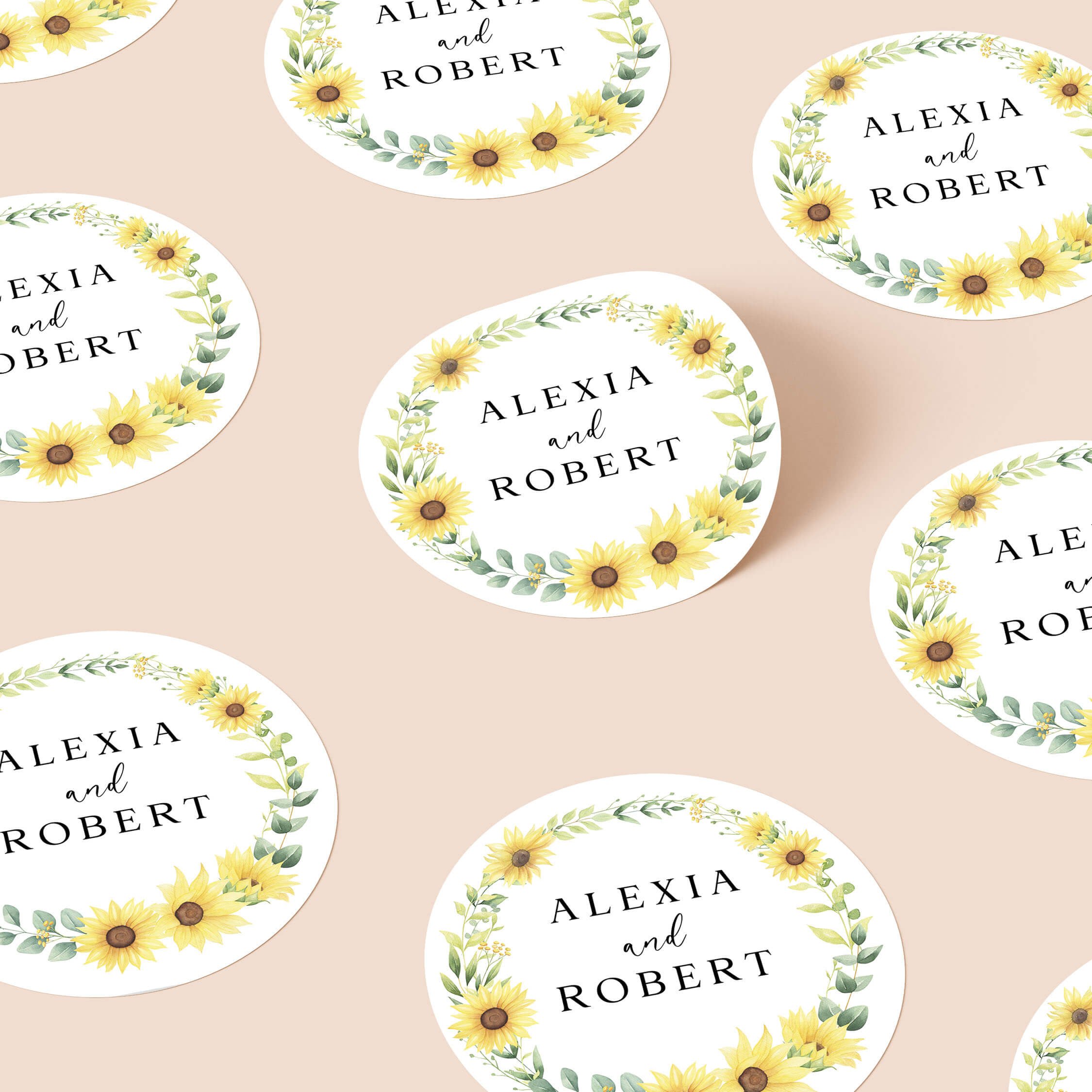Sunflower Bouquet personalised wedding stickers with sunflower wreath garland design on round stickers