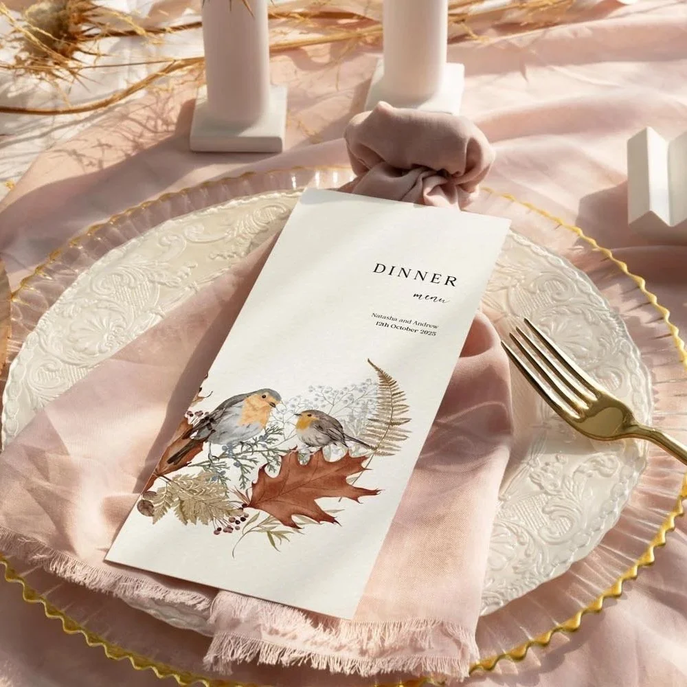 Autumn theme Wedding Menu with Robins and Dried Leaves