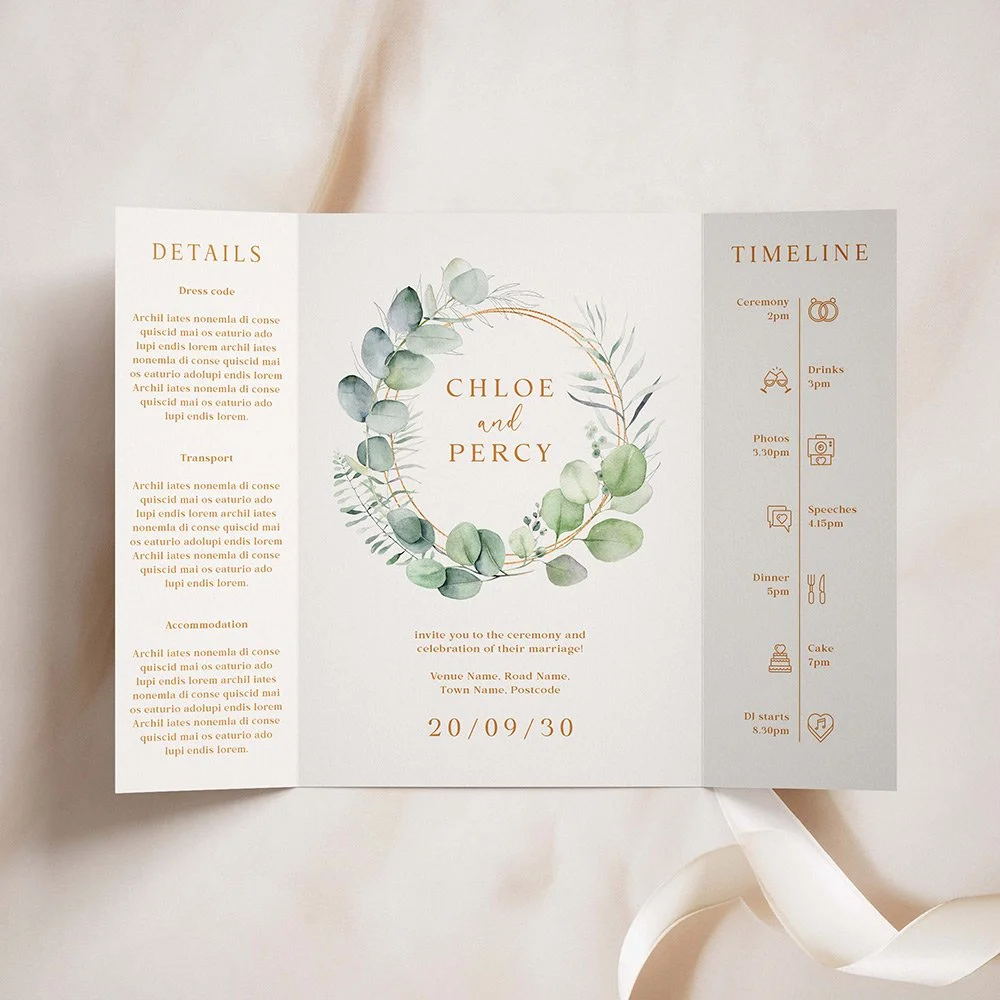 Modern Eucalyptus and Gold Gatefold Wedding Invites