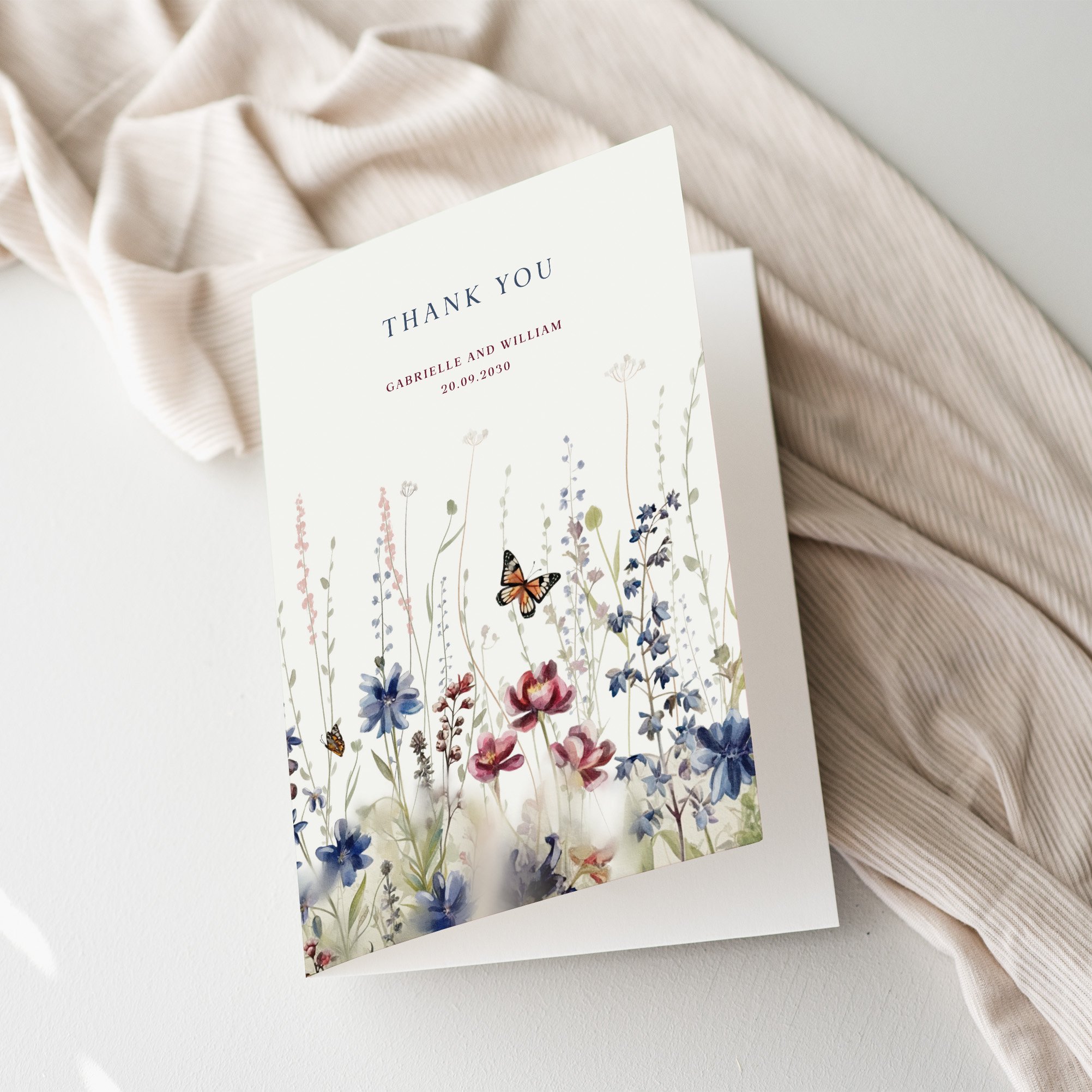 Navy Blue Wildflower Wedding Thank You Cards