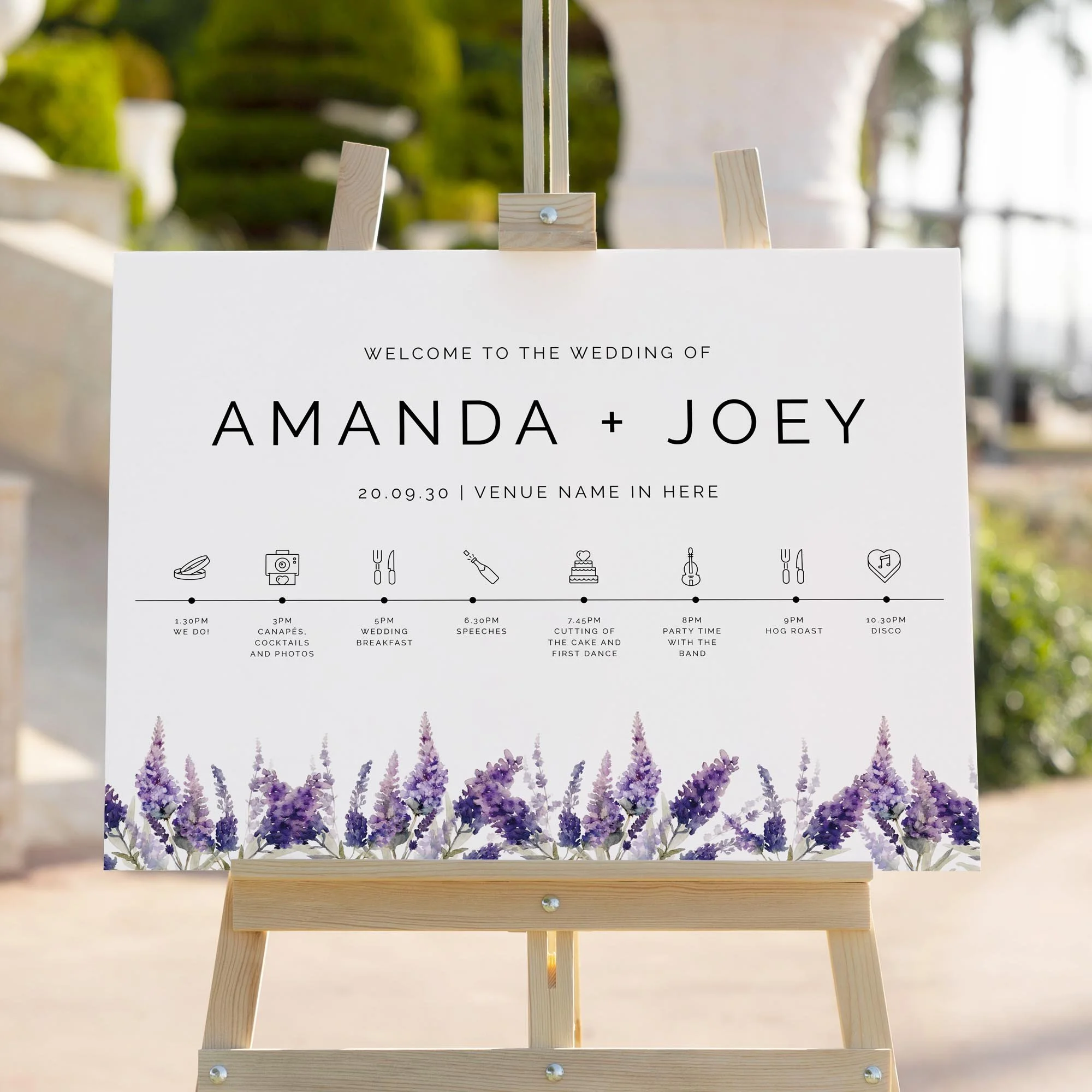 Lavender wedding welcome sign styled outdoors close-up
