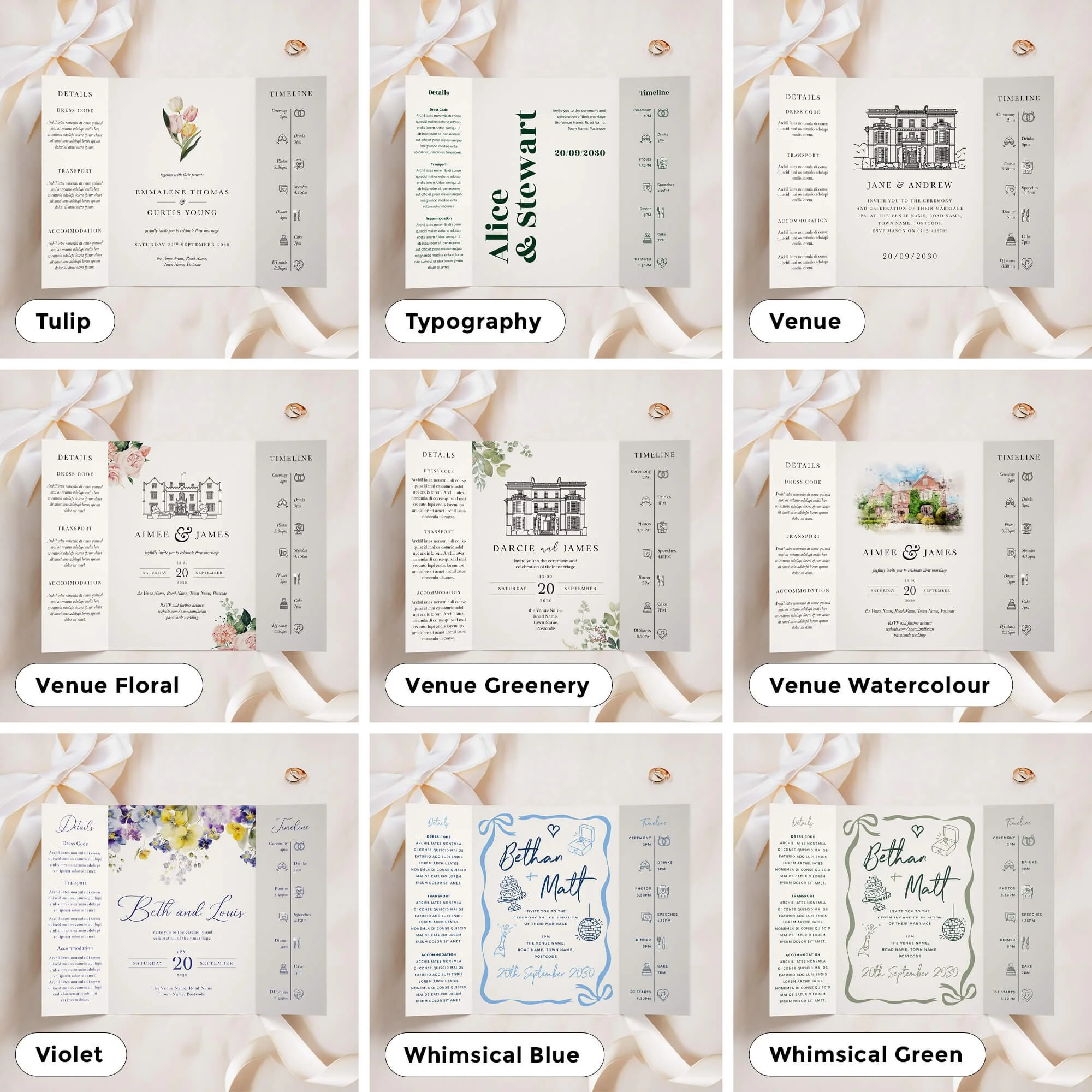 A5 size gatefold invitations in a variety of designs