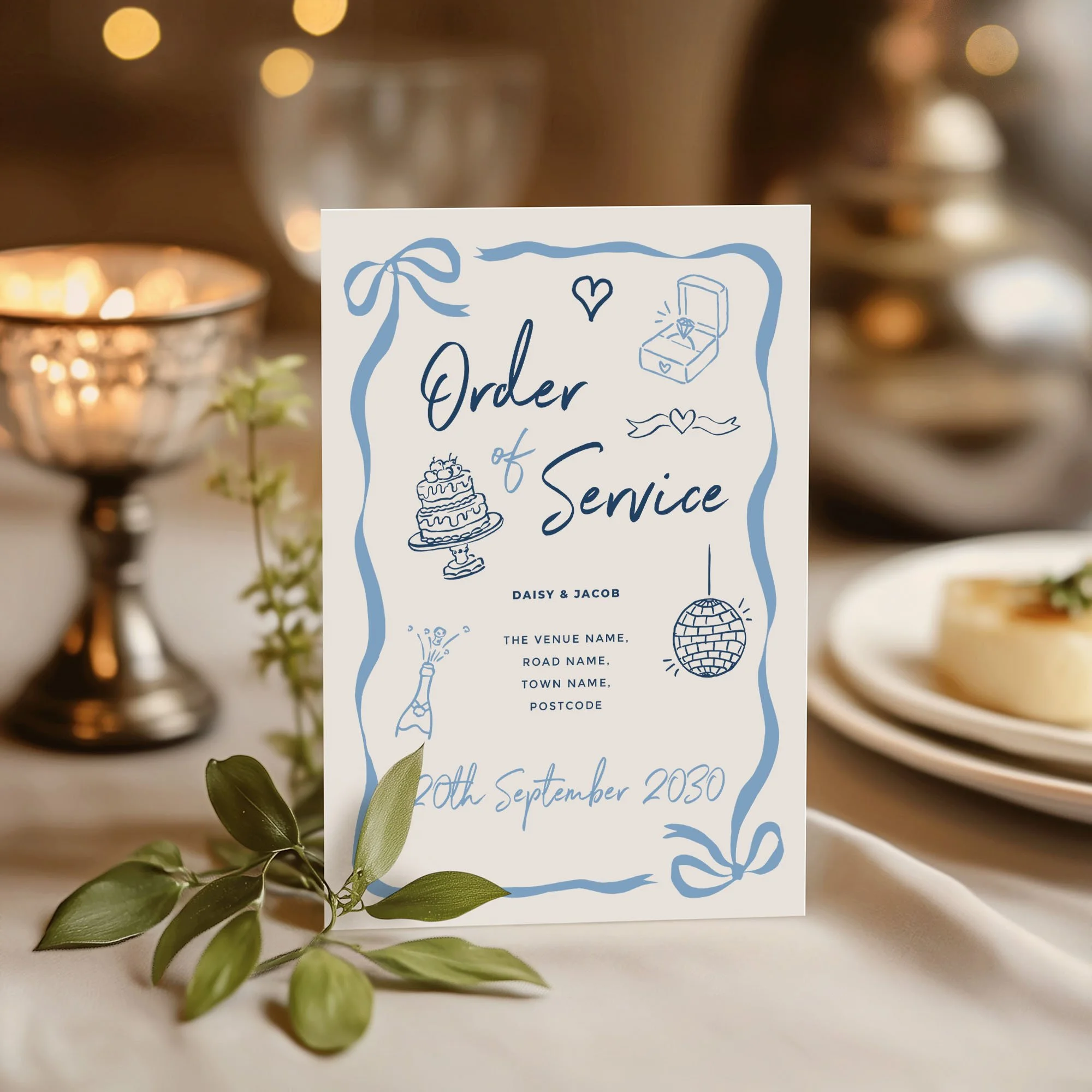 Blue Doodle design wedding order of service standing upright on a wedding day