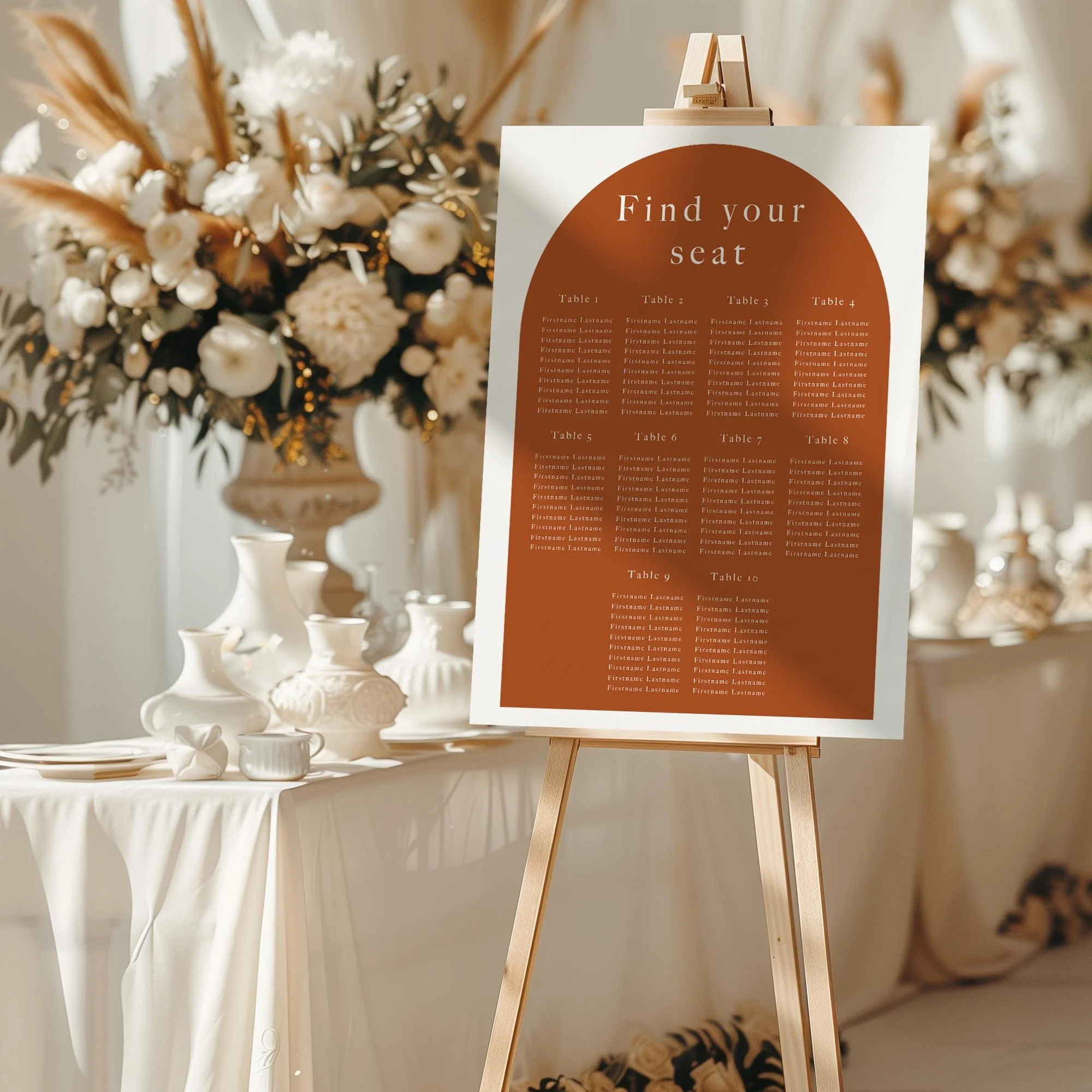 Burnt Orange Arch Shape Graphic wedding seating chart sign styled at a reception