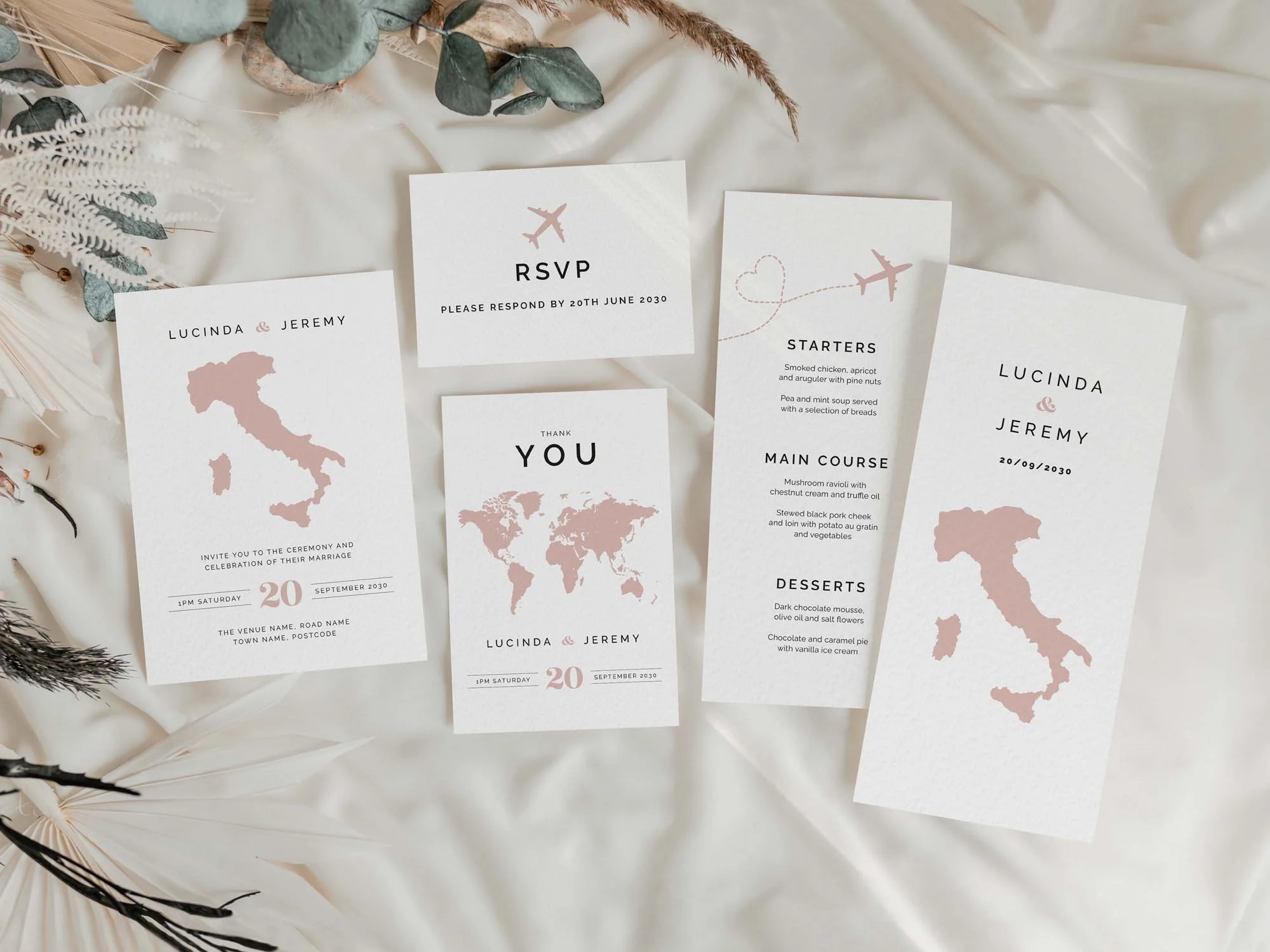 Destination wedding invitations featuring personalised map design