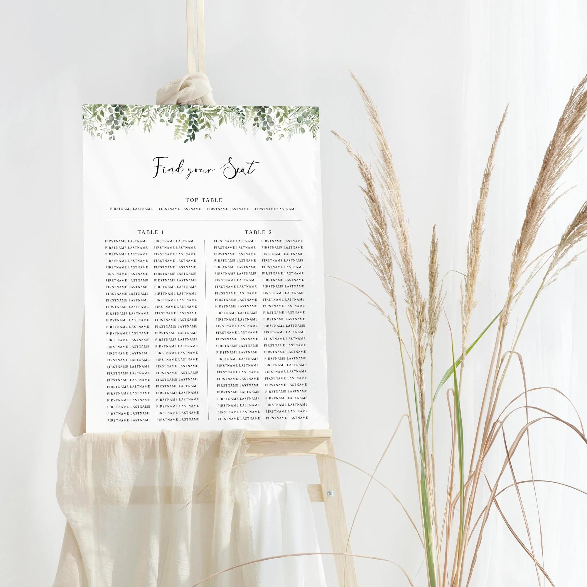 Greenery wedding Trestle table plan board seating chart sign