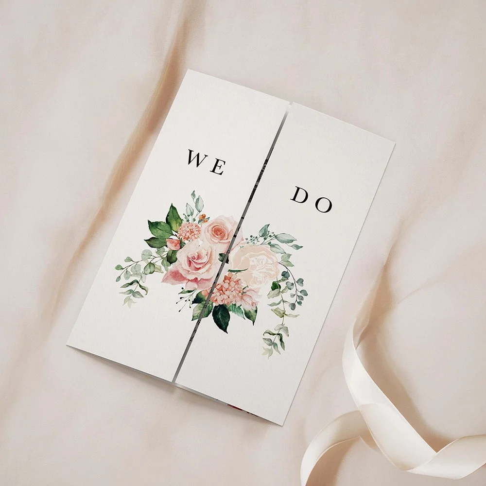 Gatefold wedding invitation with floral accents