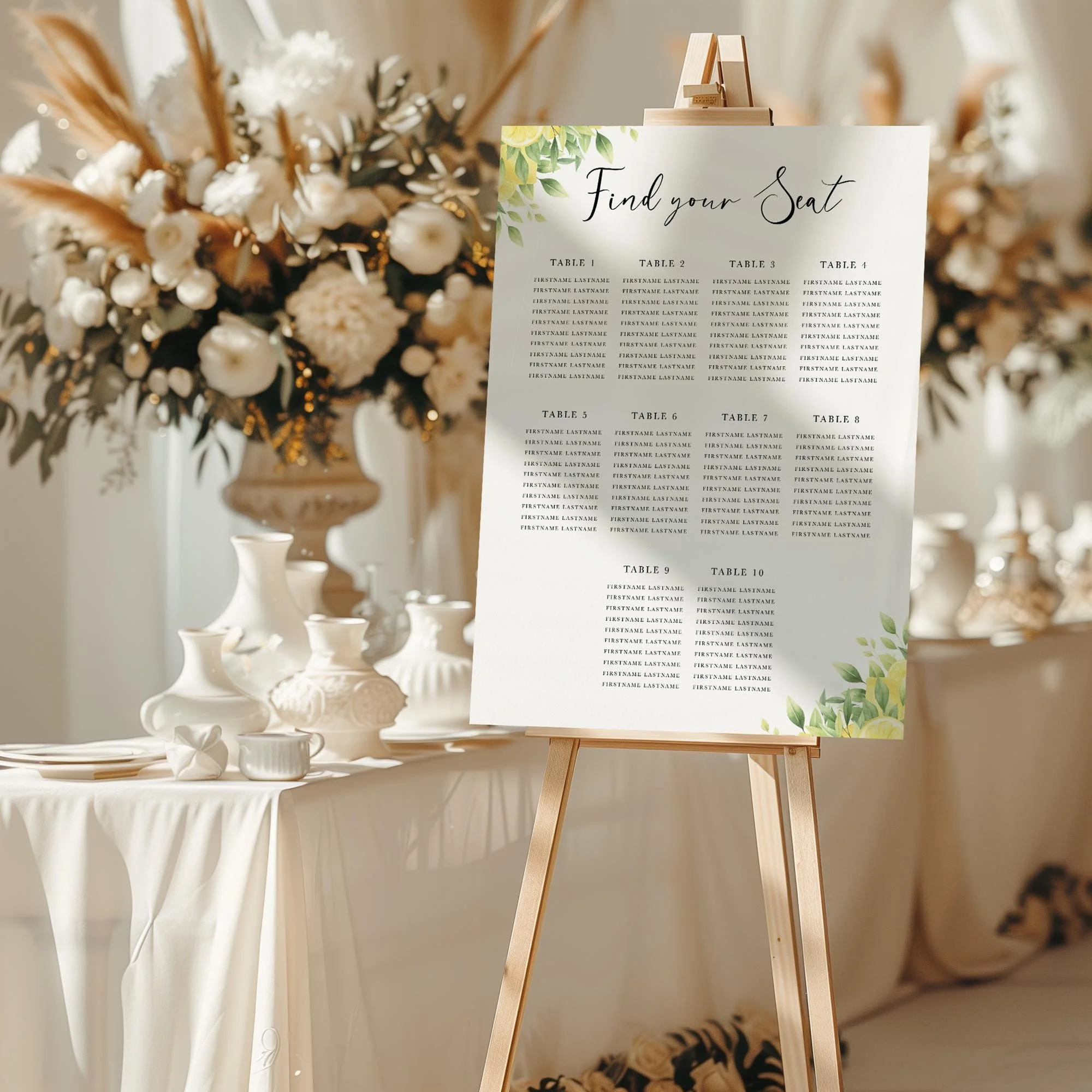 Lemon wedding seating chart sign styled at a reception