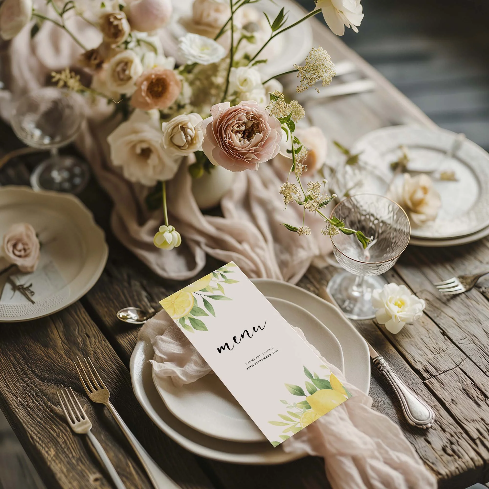 Lemon wedding menu card styled on a wedding table setting with tableware and décor