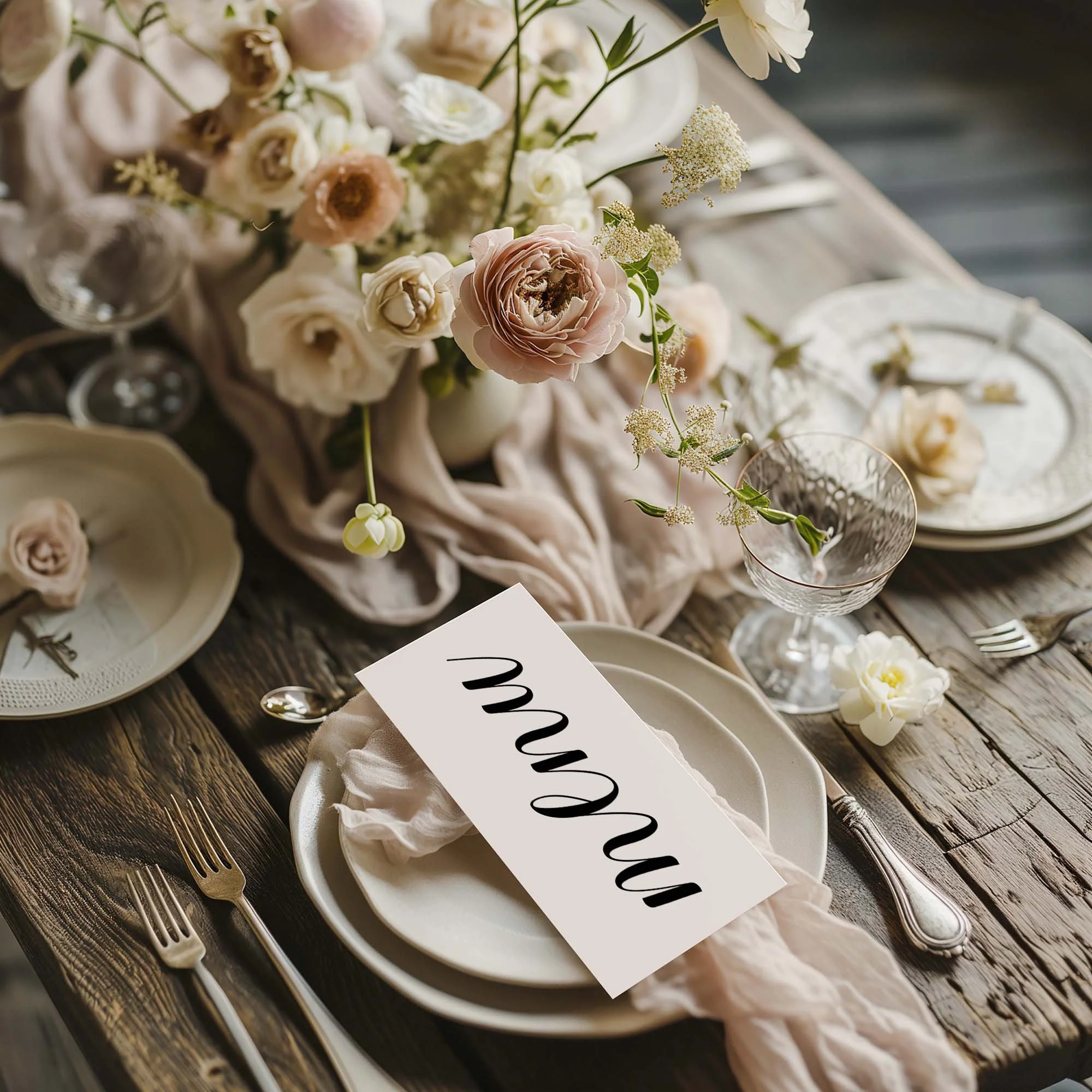 Calligraphy wedding menu card styled on a wedding table setting with tableware and décor
