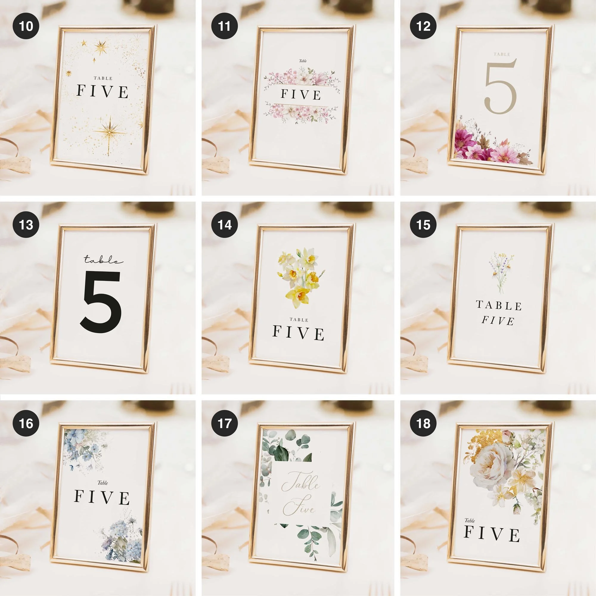 Wedding table number and table name card designs in a range of styles to suit different themes, including floral, modern, and minimal options
