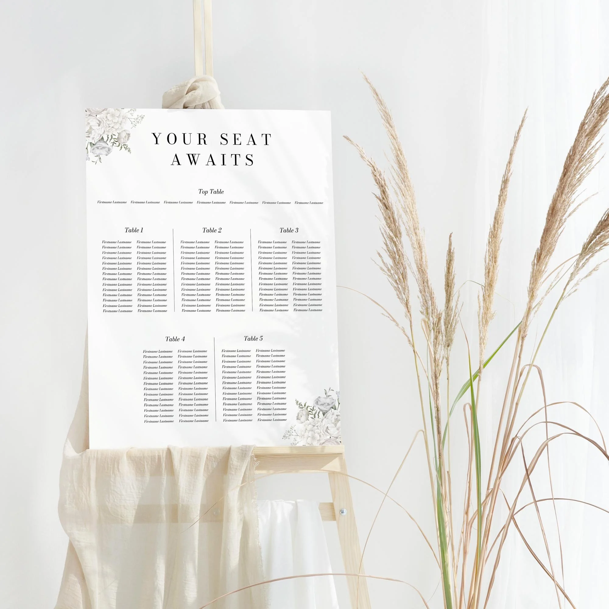 White Floral wedding table plan board seating chart sign