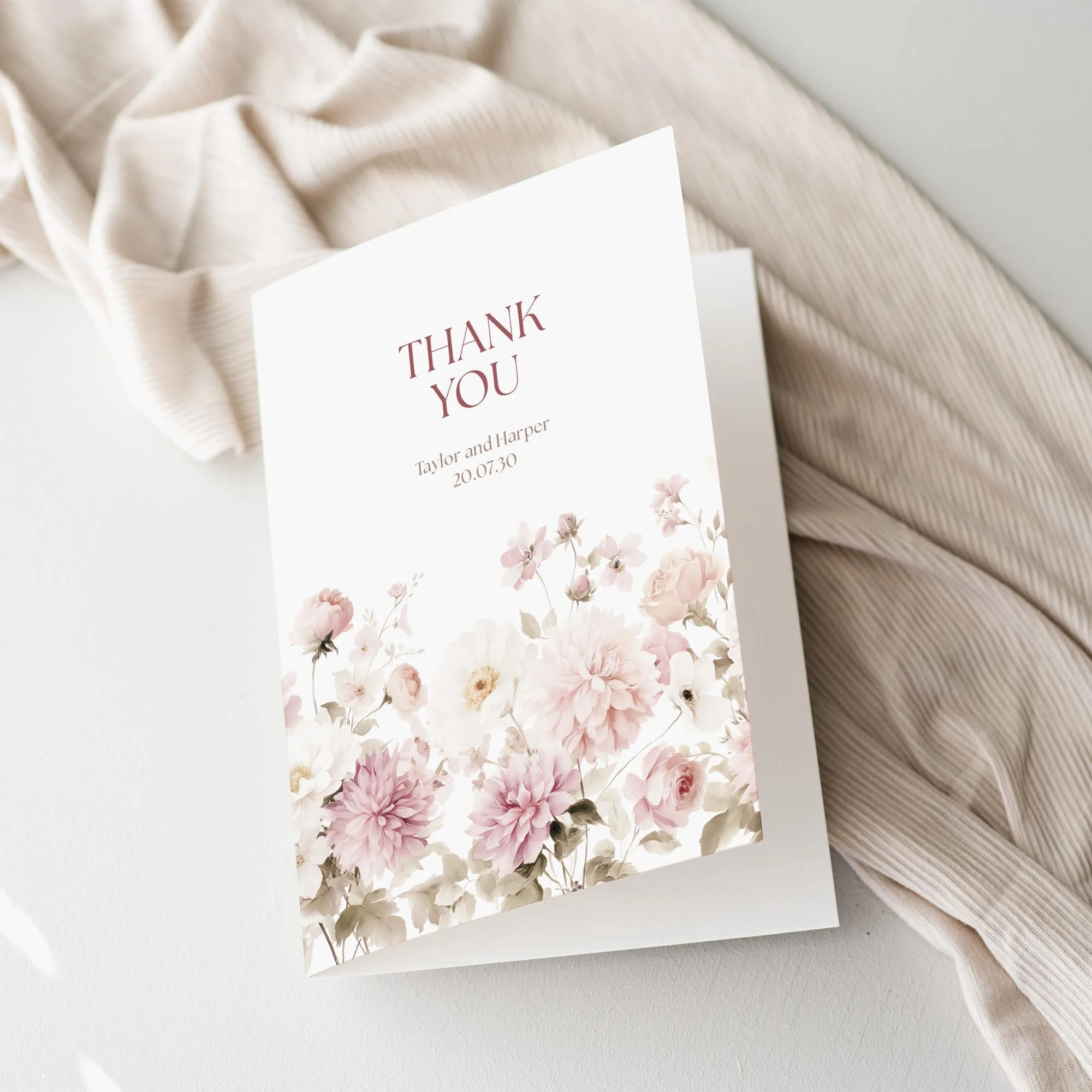 Petal Wedding Thank You Card featuring blush pink floral illustrations and modern typography.