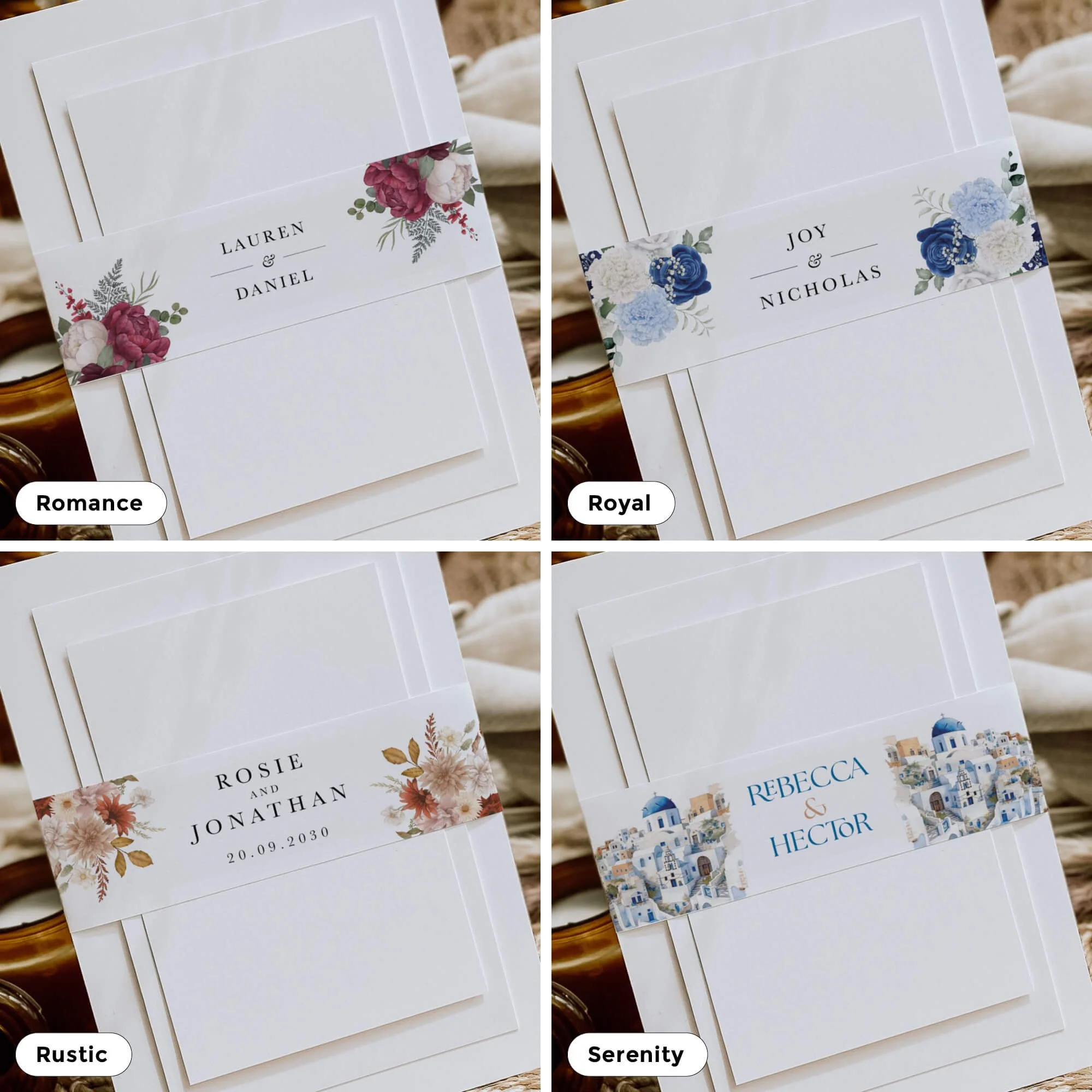 Collection of personalised wedding belly bands in a variety of elegant designs