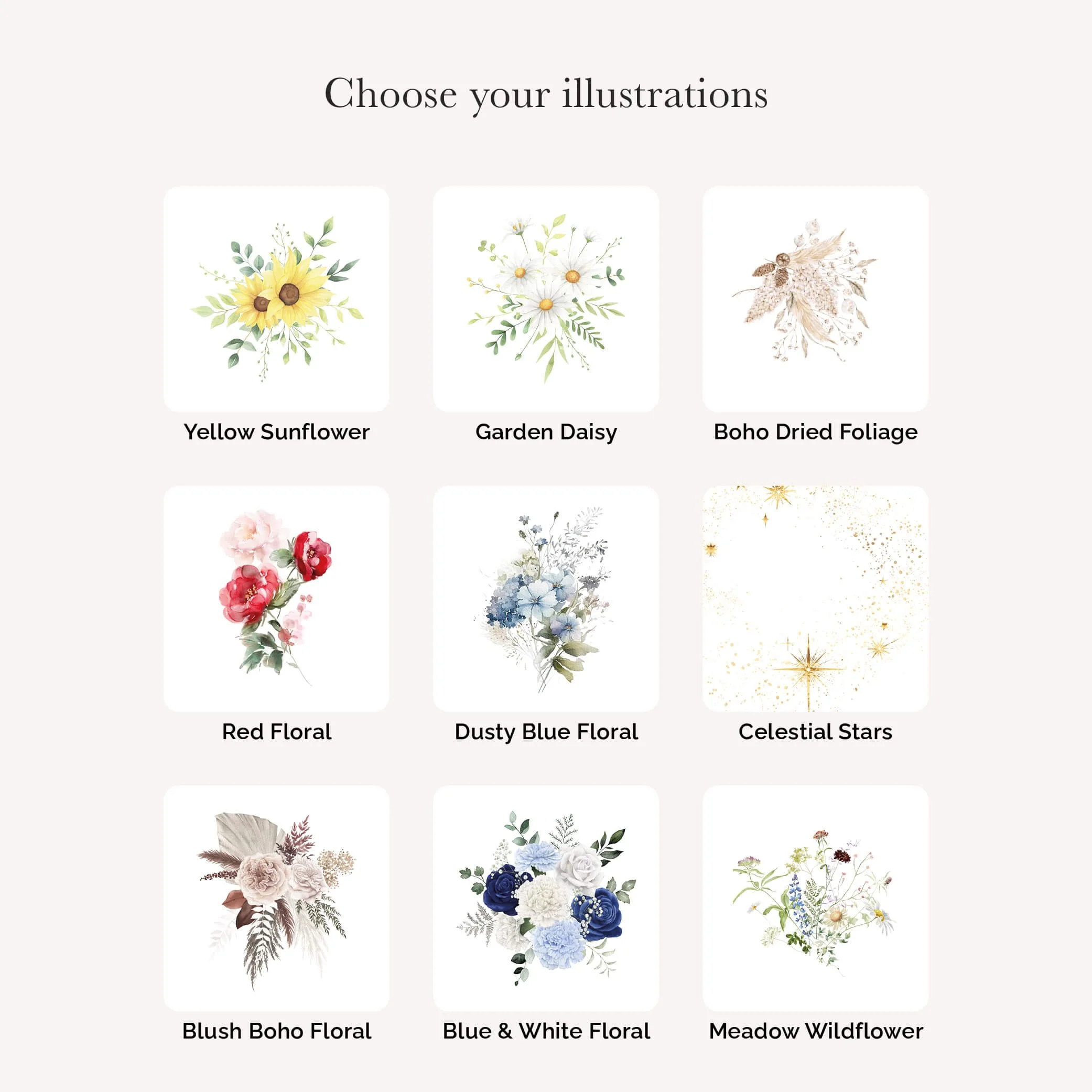 Floral design options to accompany bespoke wedding venue stationery