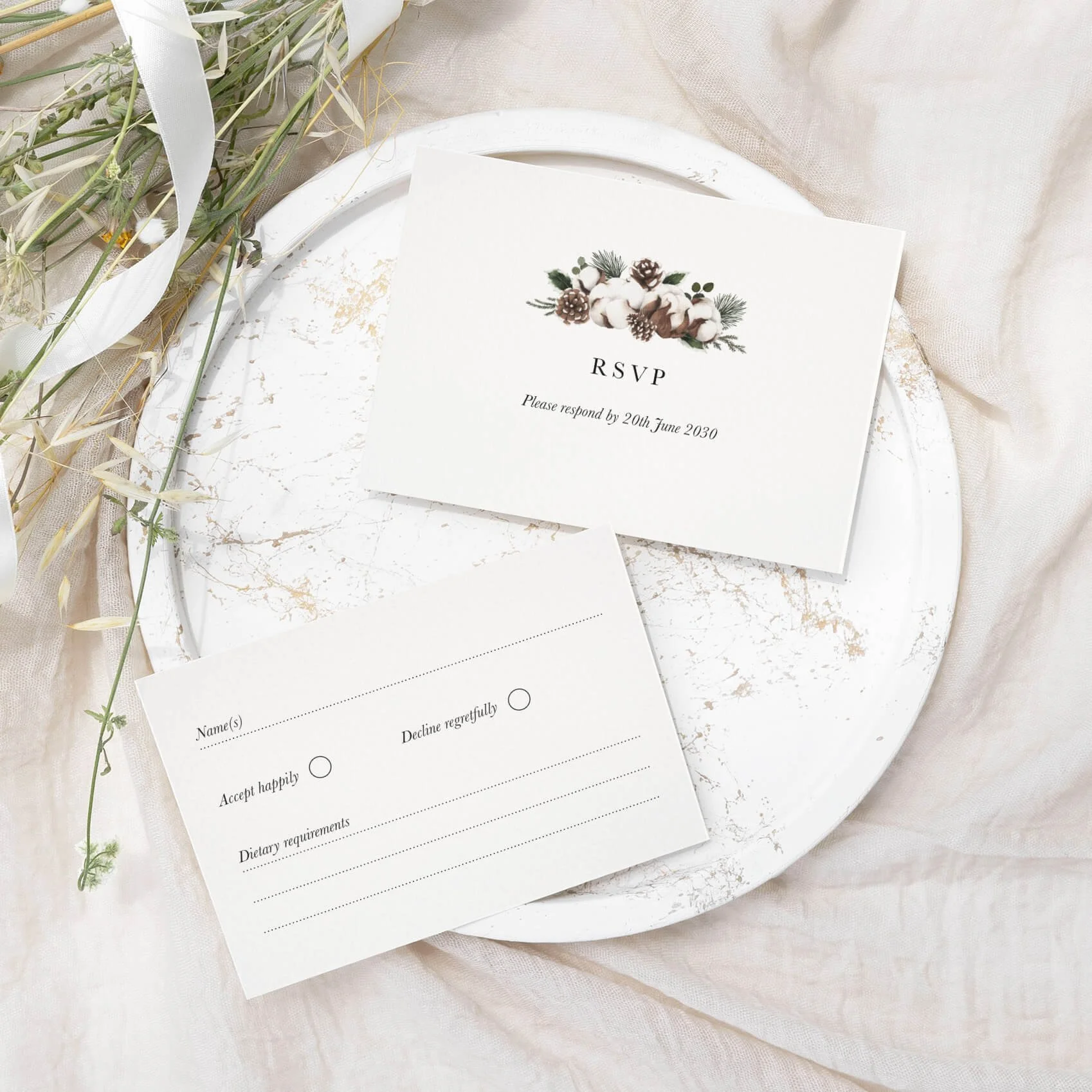 Woodland wedding RSVP card with dark burgundy and forest green watercolour botanical illustration on luxury off-white card