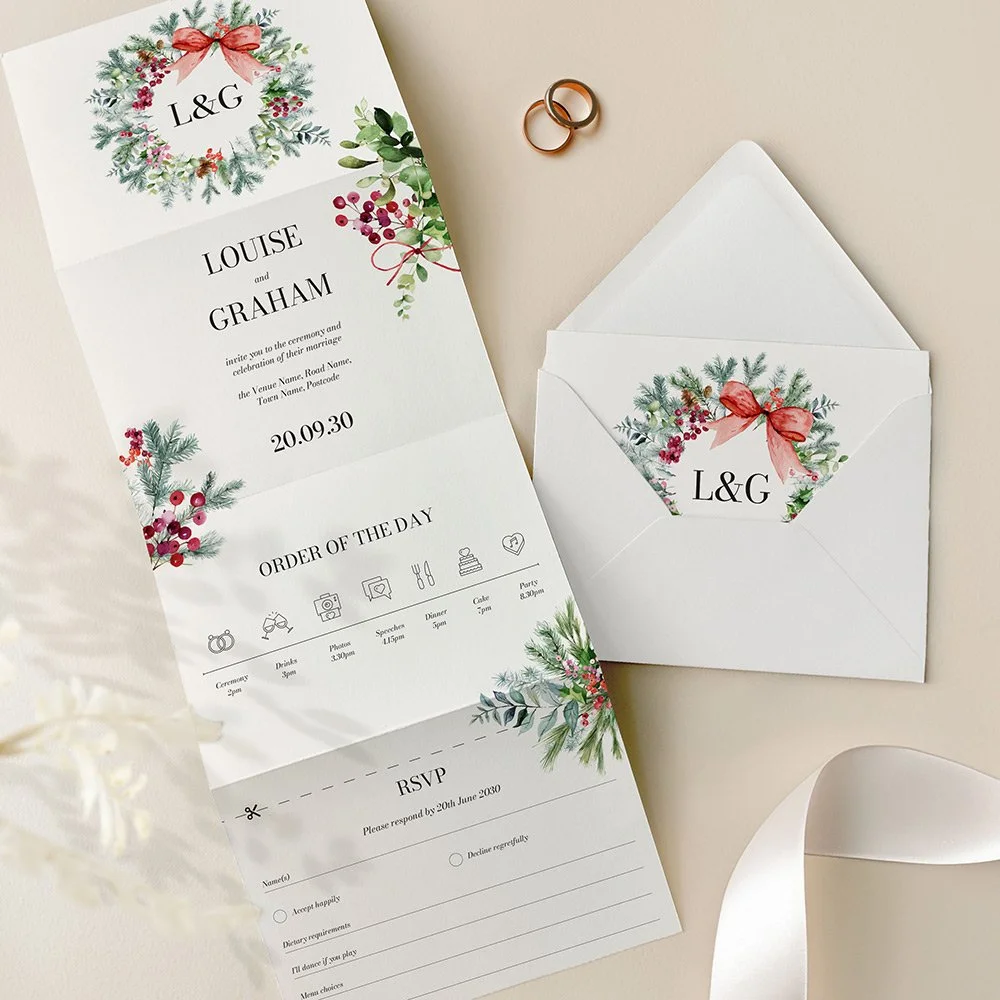Festive Wreath Concertina Wedding Invites