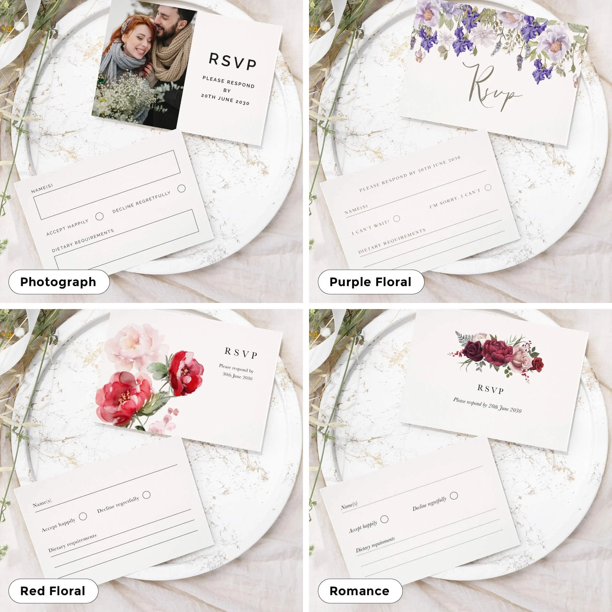 Modern wedding RSVP response card design to match invitation stationery suite