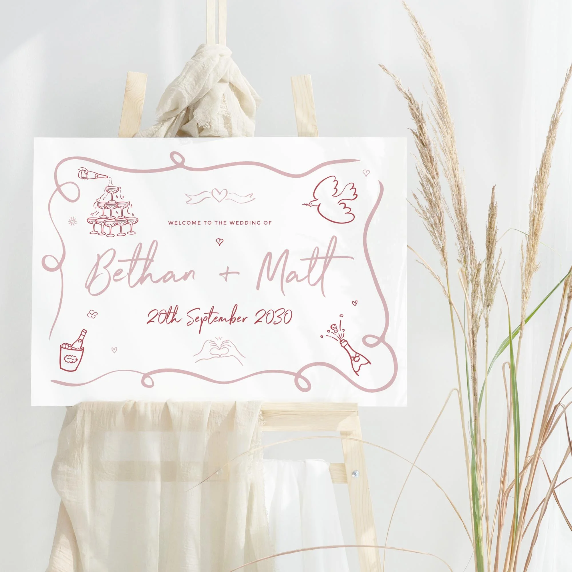 Pink Doodle wedding welcome sign design