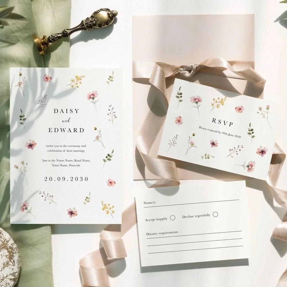 Flora Collection wedding invitation with watercolour style blush, green, and neutral floral illustrations