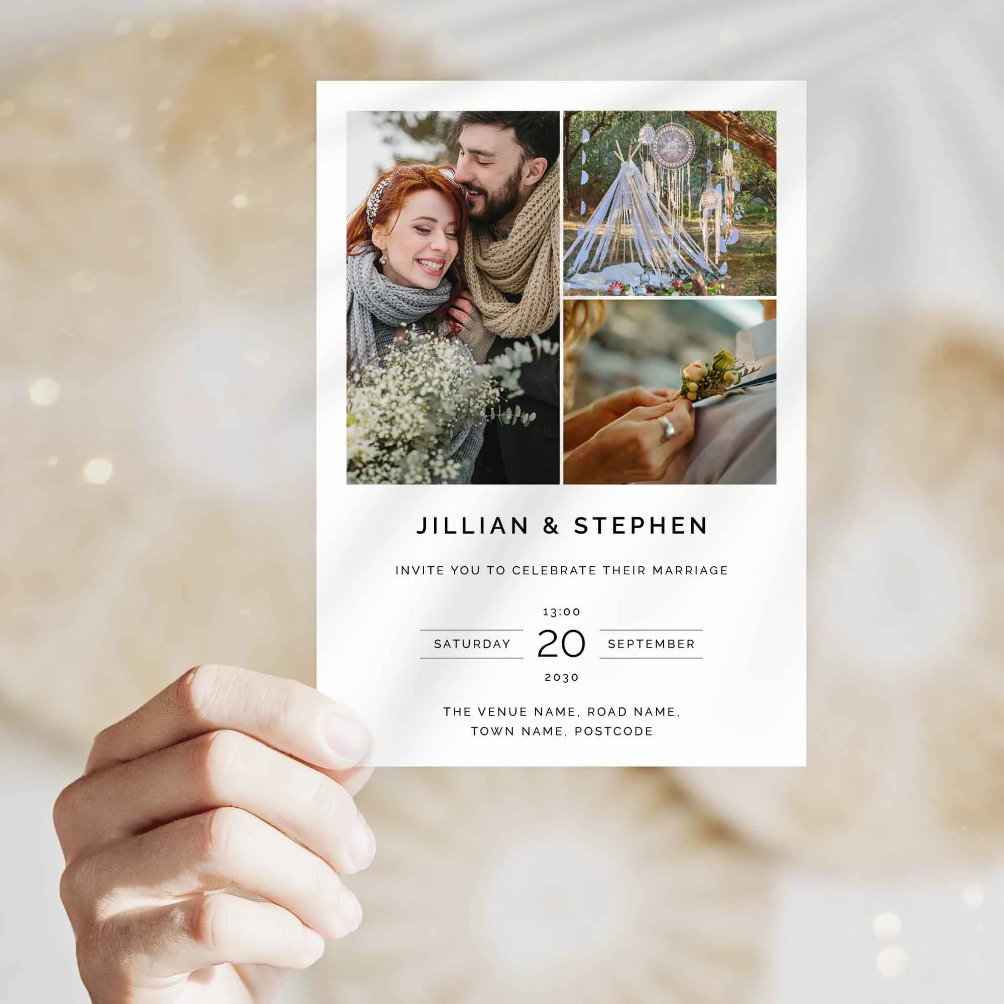 Hand holding Photo Gallery wedding invitation showing size and printed design details