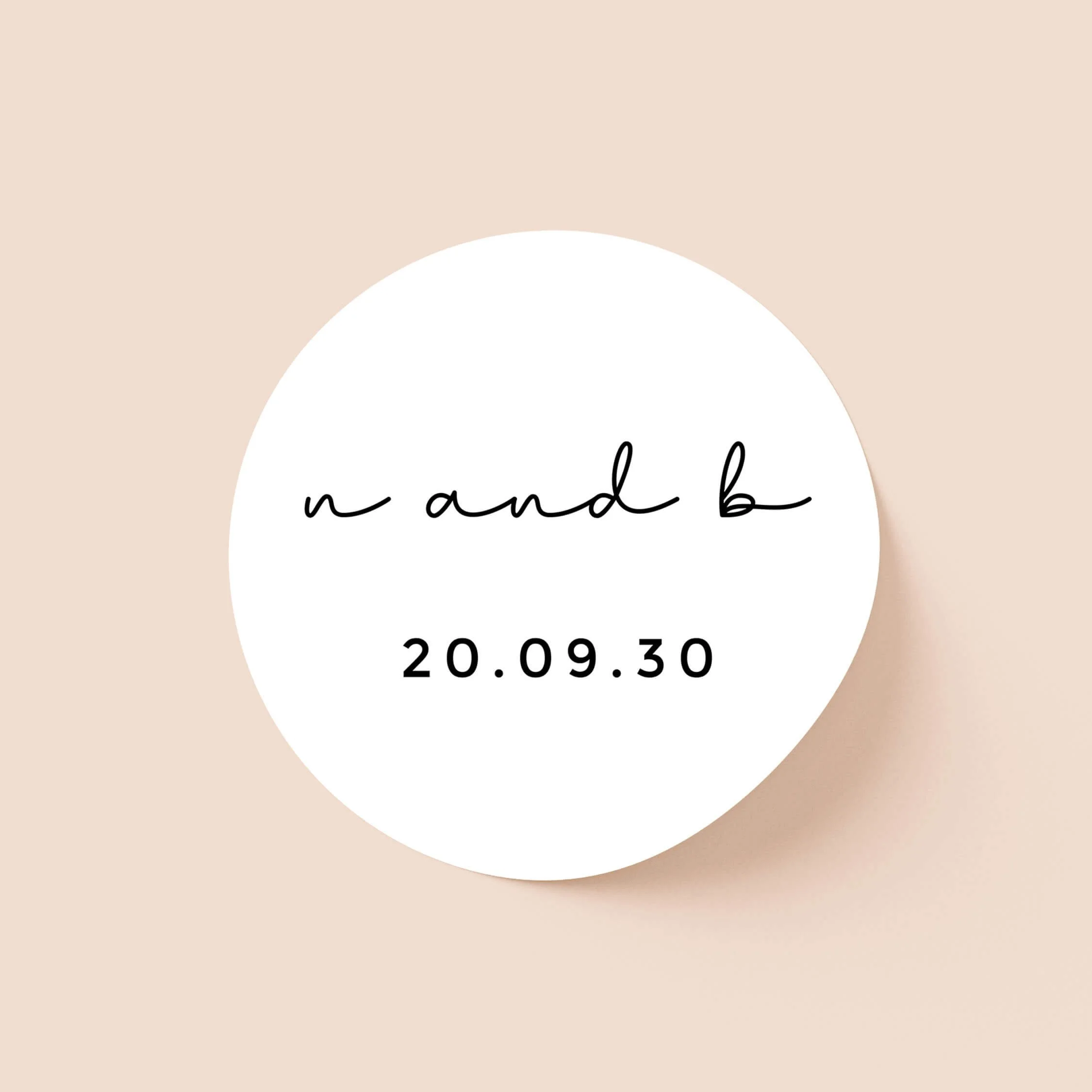 Classic wedding sticker with clean typography and initials on round personalised seal