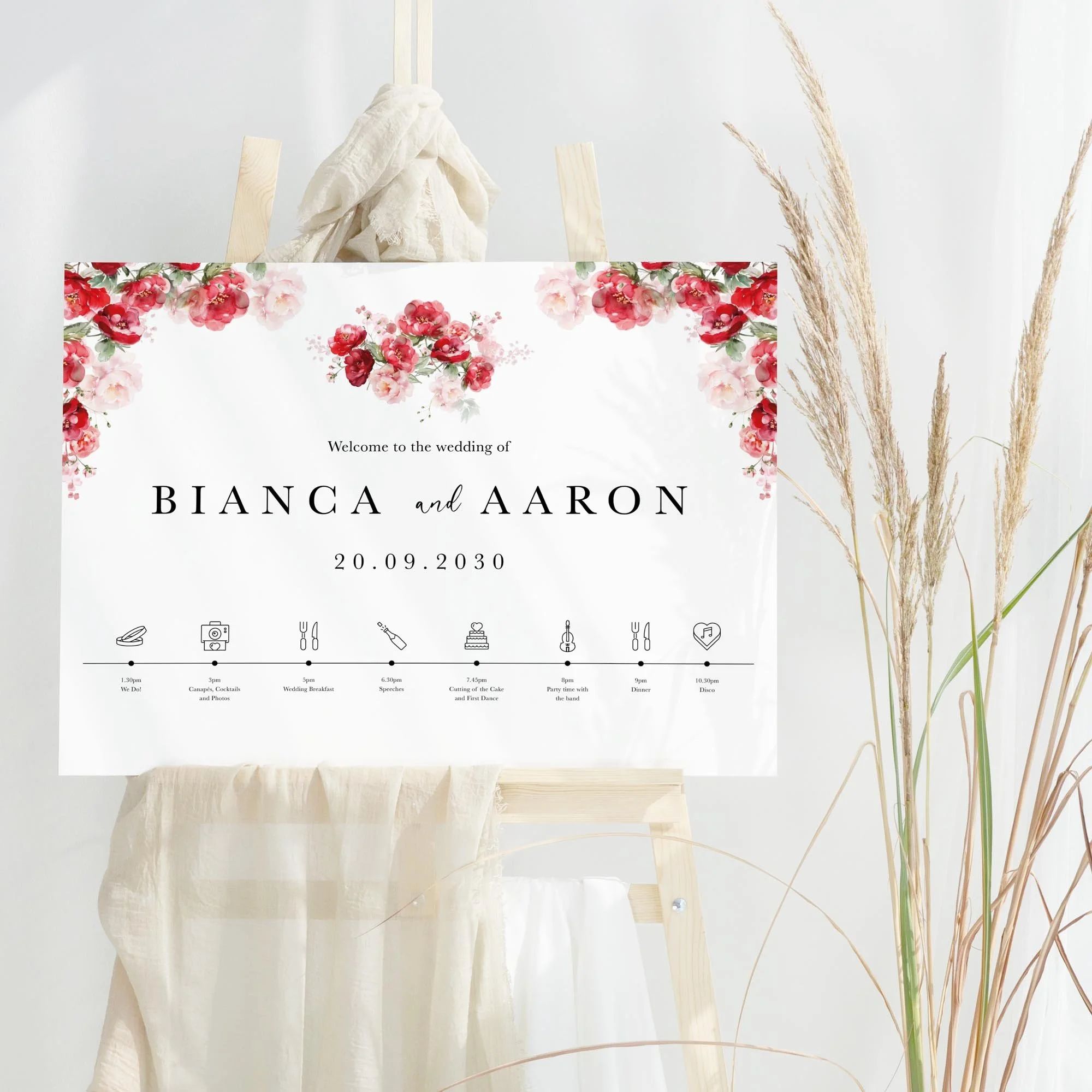 Red Floral wedding welcome sign design