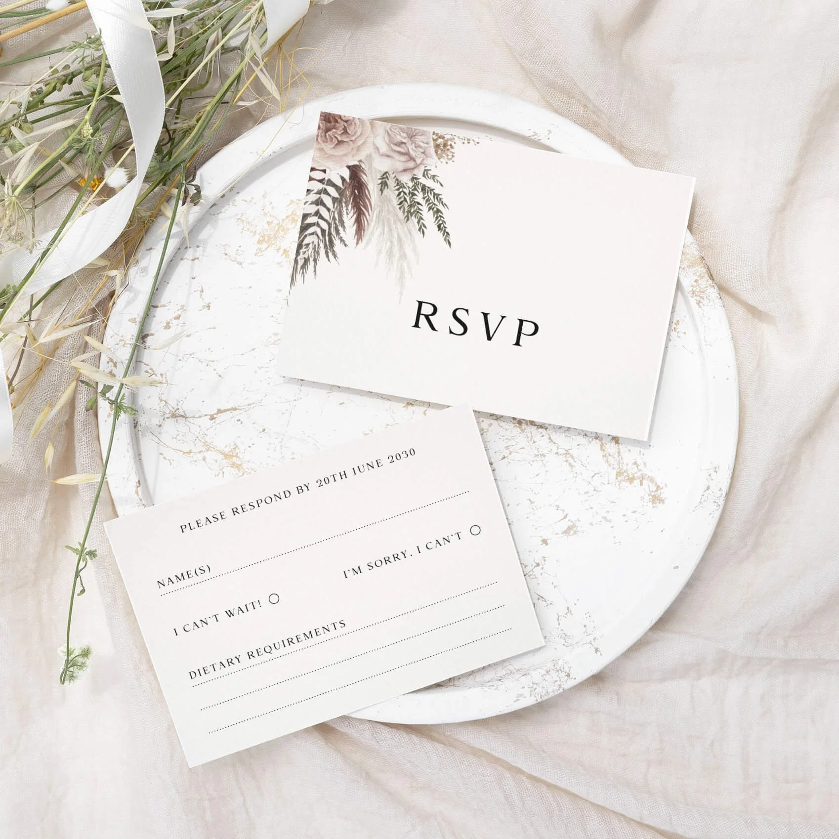 Blush Boho wedding RSVP card with blush botanical foliage and minimalist elegant typography on luxury off-white card