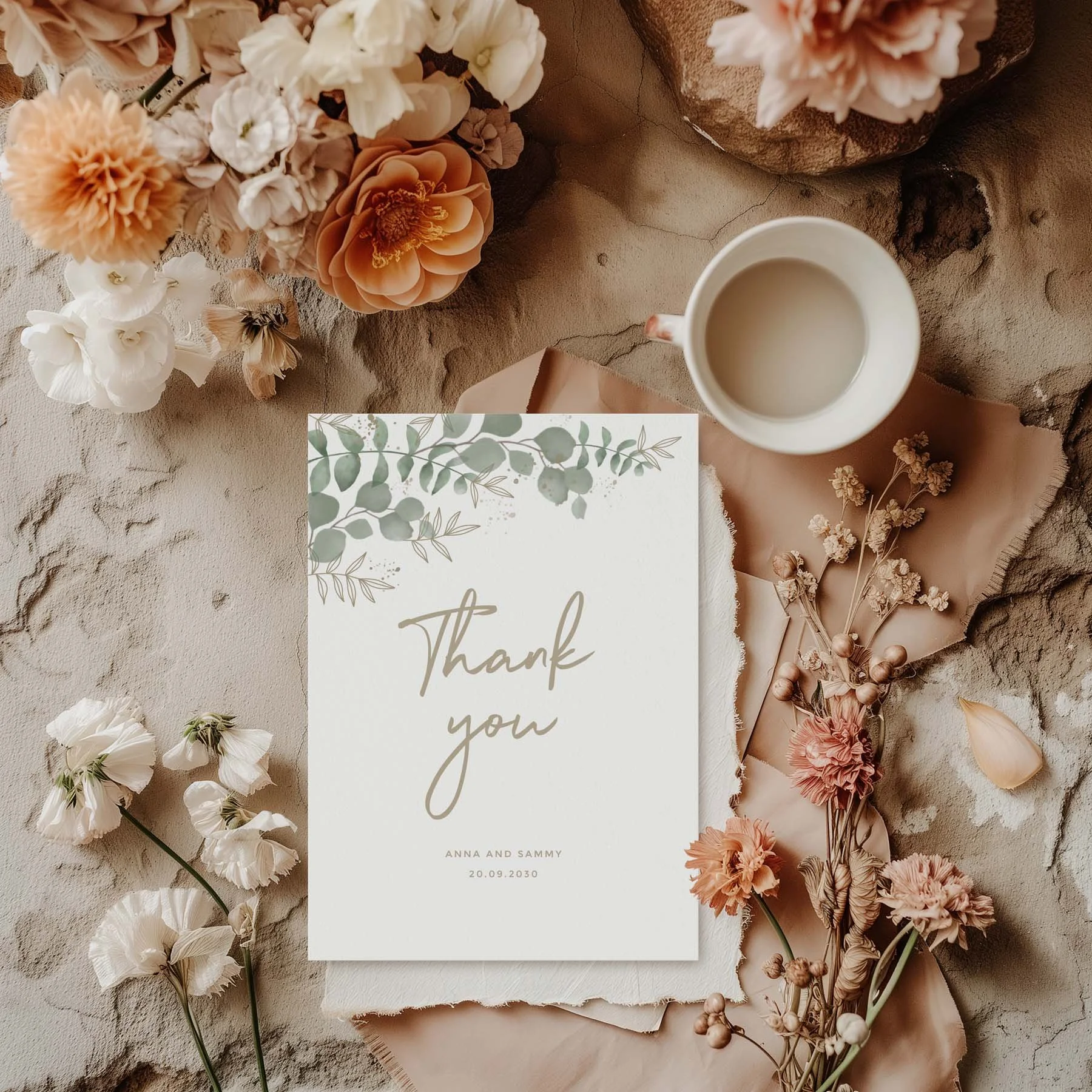 Modern Eucalyptus wedding thank you card styled with flowers and stationery details