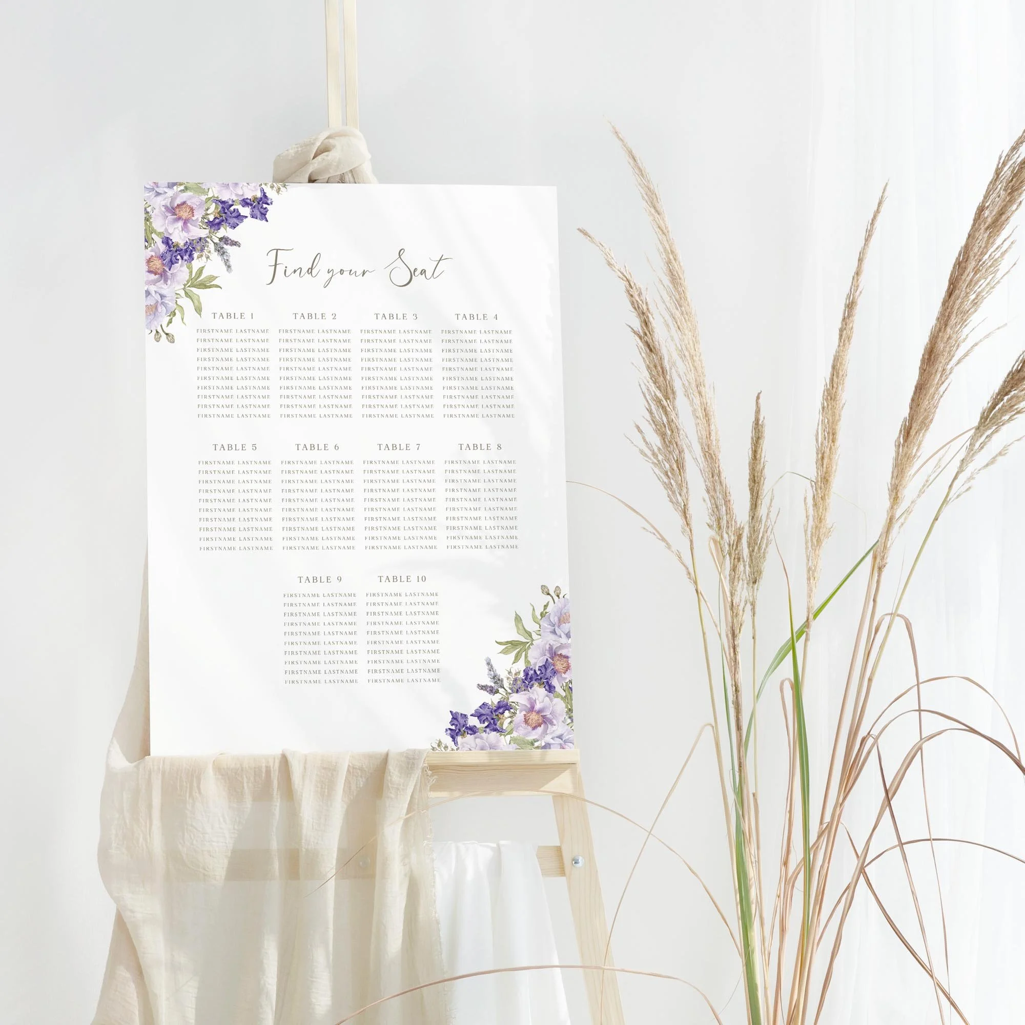 Purple Floral wedding table plan board seating chart sign
