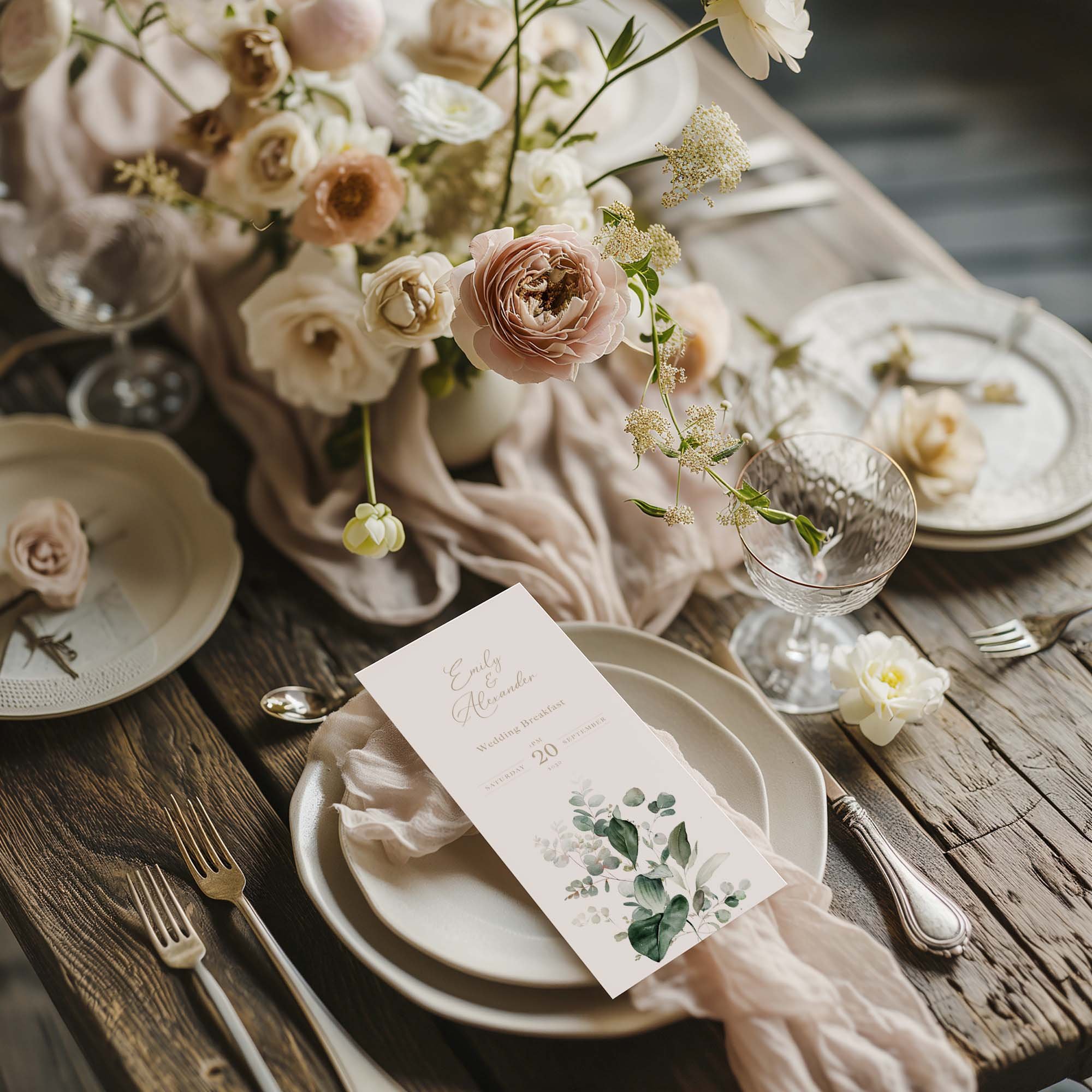 Elegant wedding breakfast menu card with eucalyptus design, styled on a rustic wooden table with floral centrepiece and vintage glassware