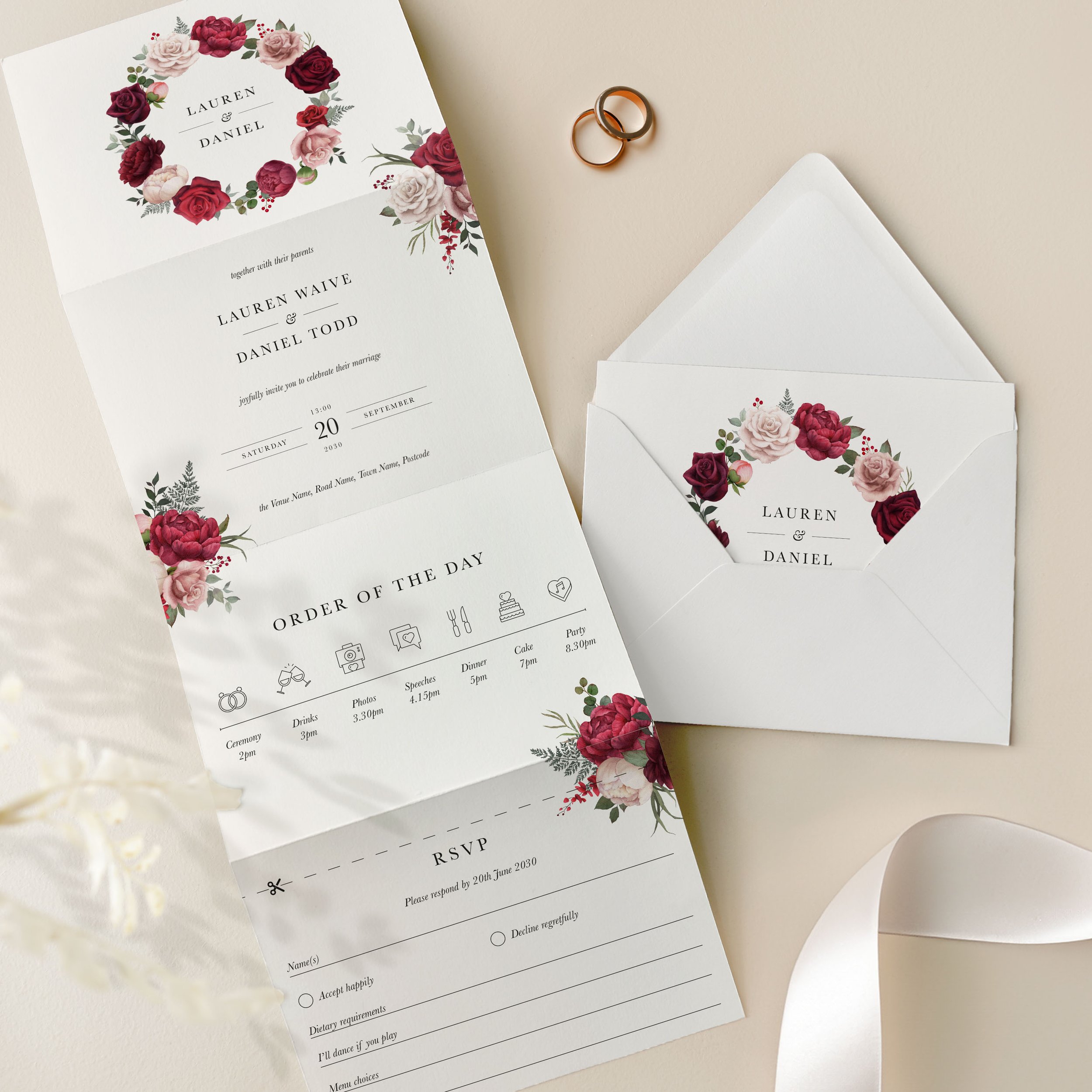 Red Concertina Wedding Invite samples