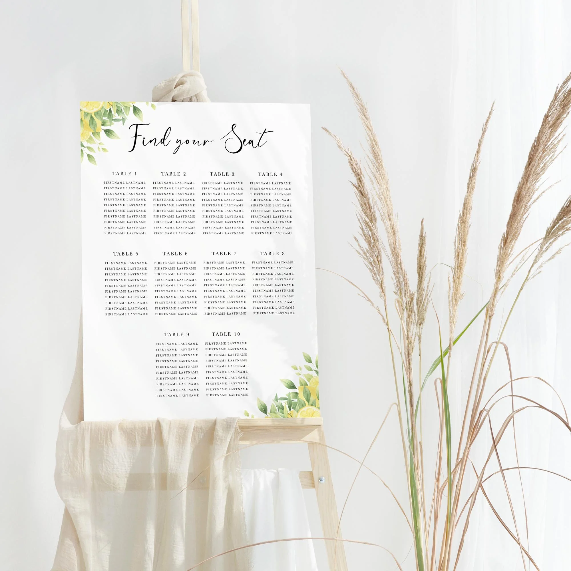 Lemon wedding table plan board seating chart sign