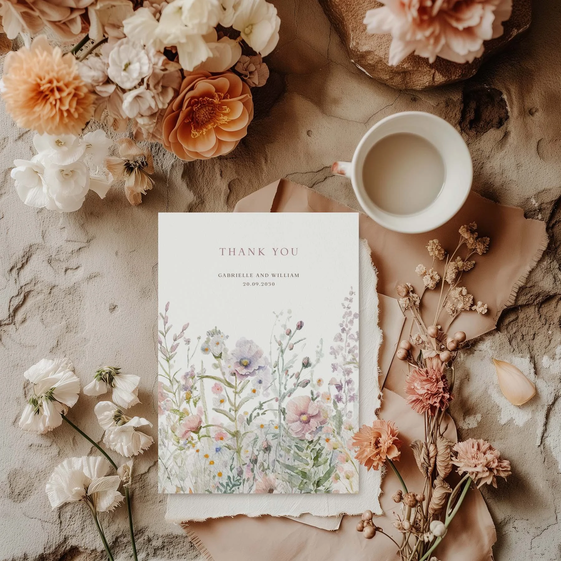Field Powder wedding thank you card with dusty pink pastel wildflower design, styled with dried flowers and a white cup on a neutral background