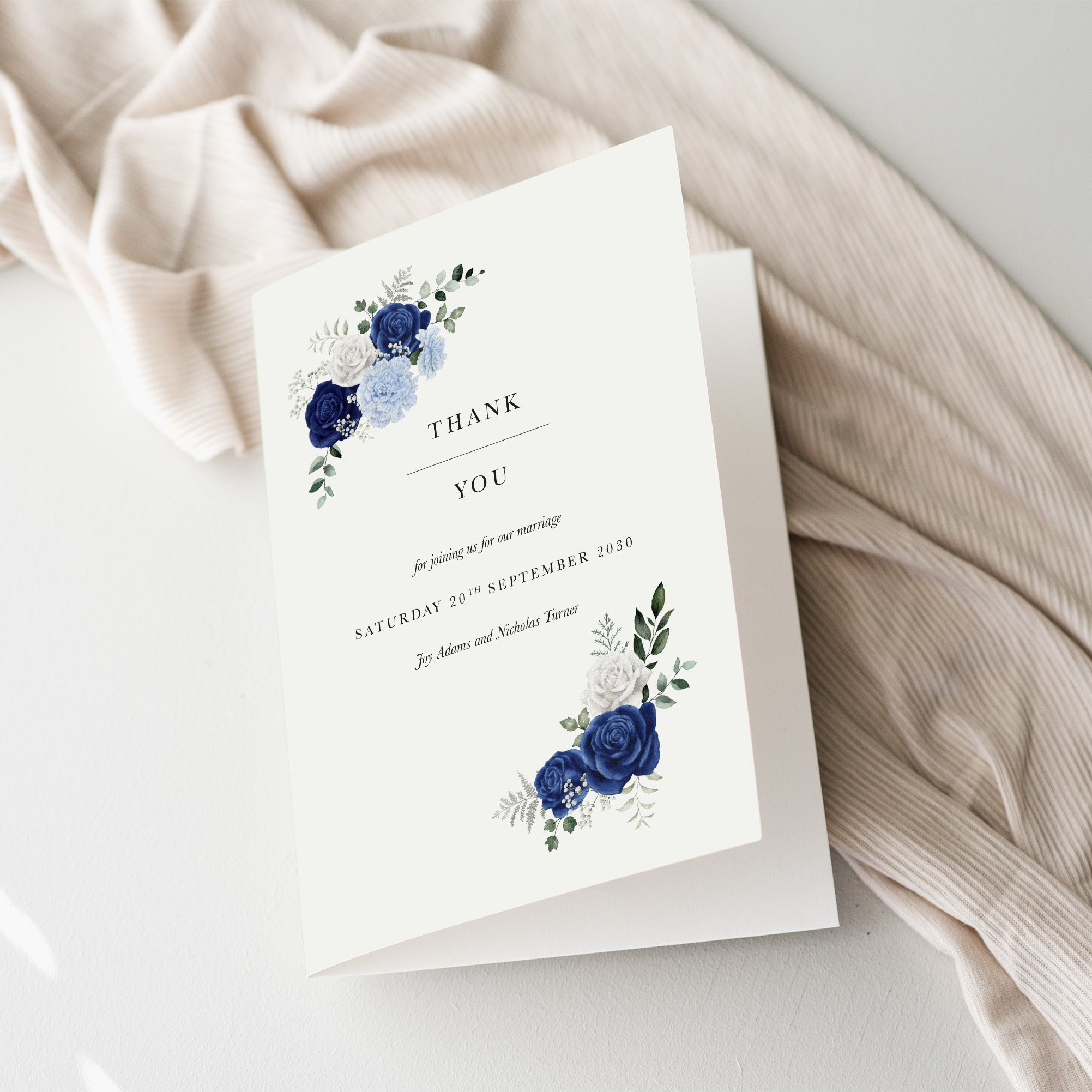Royal Blue and White Floral Wedding Thank You Card