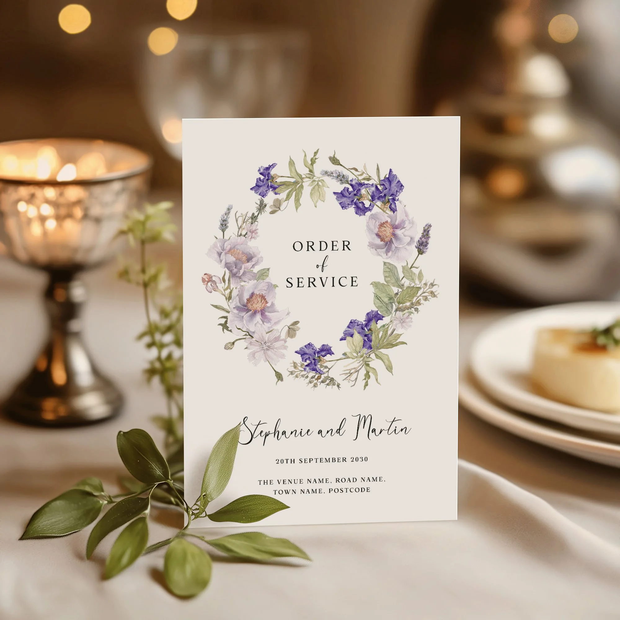 Purple Floral wedding order of service on a wedding day displayed