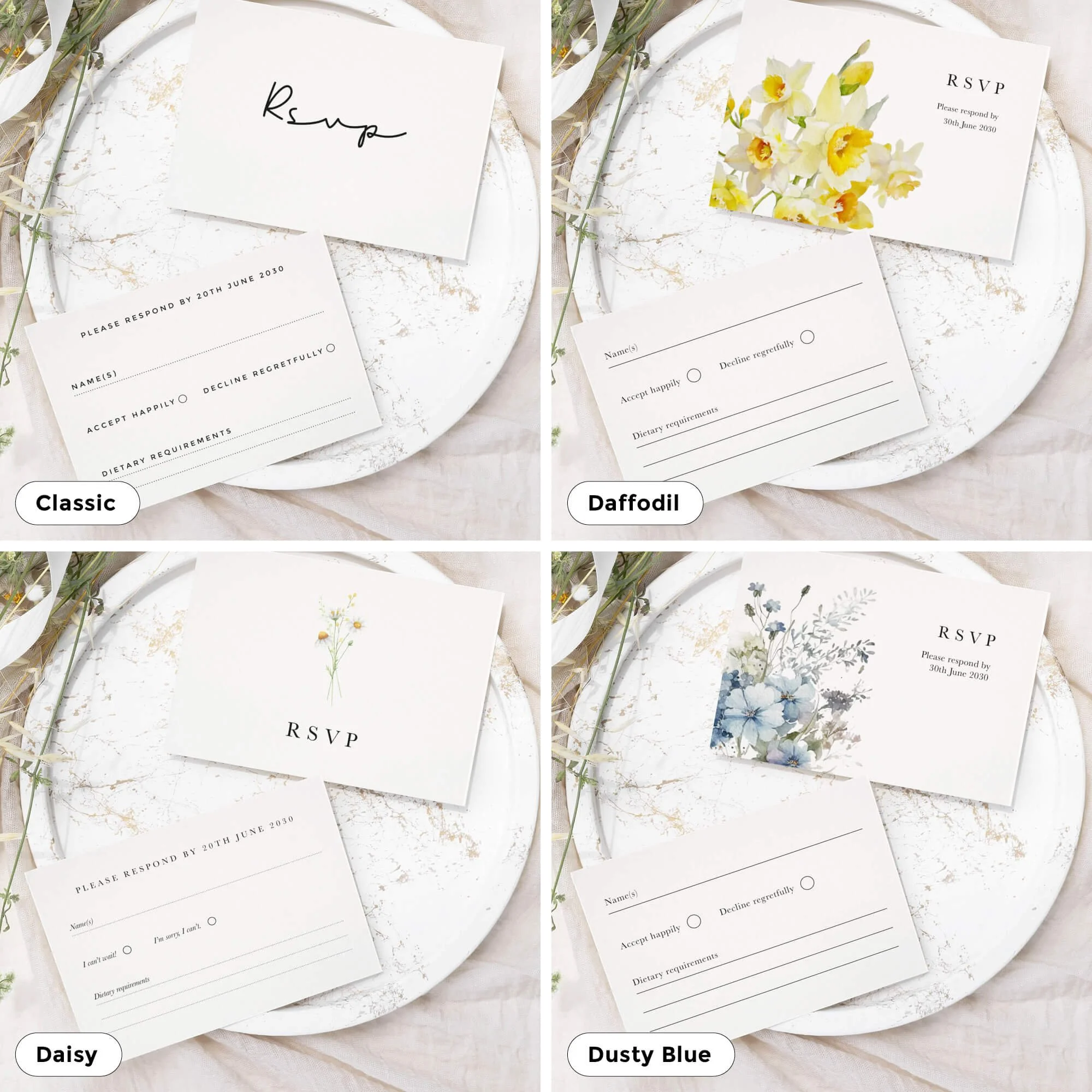 Classic wedding RSVP card design from coordinated wedding invitation suite